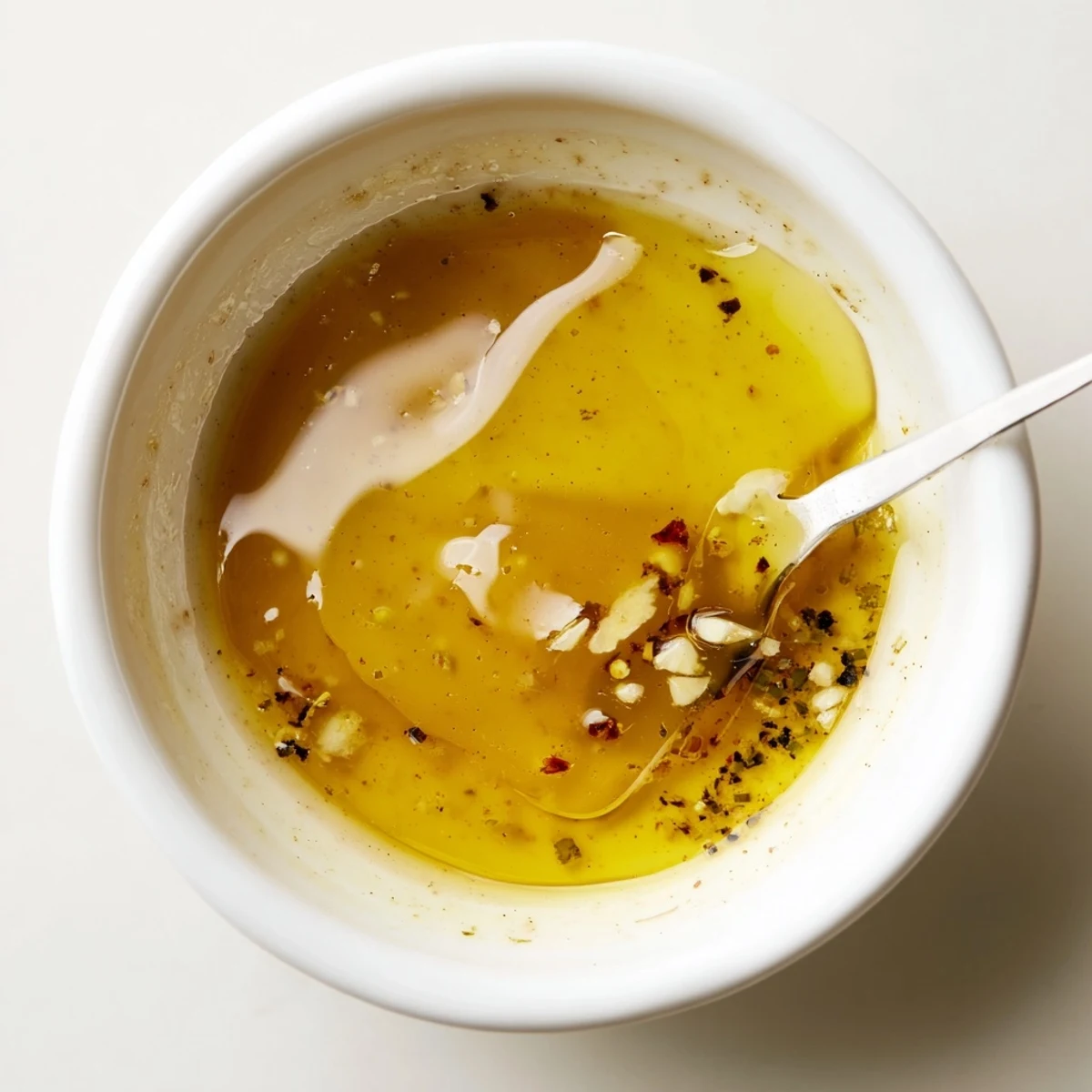 Tangy Honey Mustard Vinaigrette whisked in bowl, garlic and oil visible