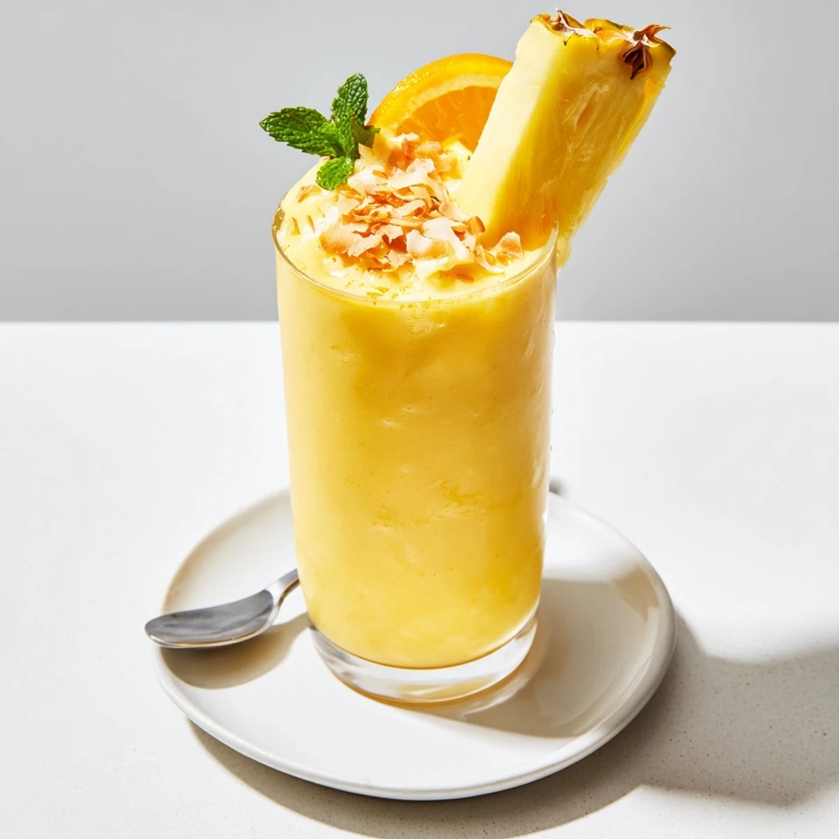 Pineapple Orange Smoothie in tall glass, frothy, sweet-tangy, garnished with mint.