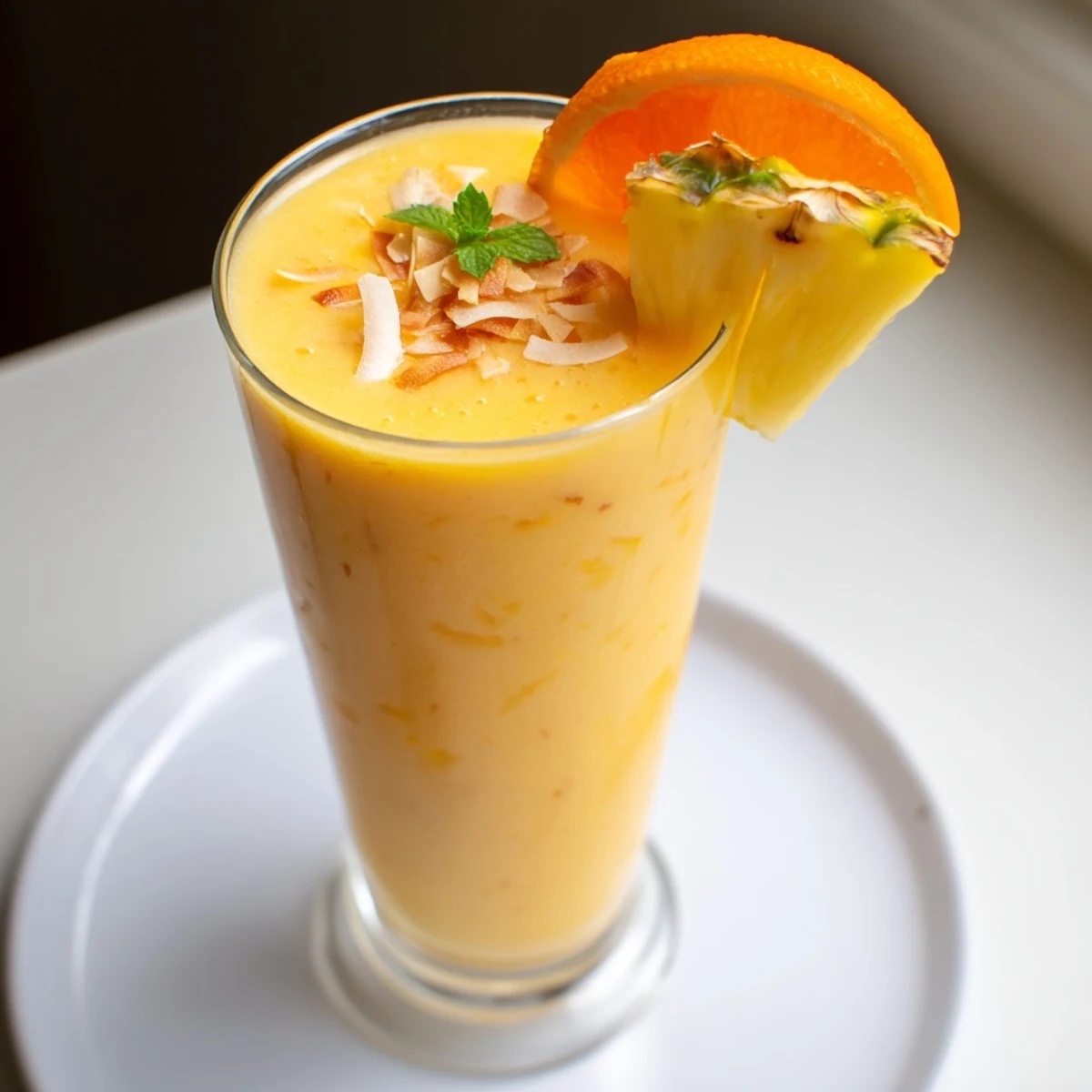 Bright Pineapple Orange Smoothie chilled for breakfast, creamy banana and coconut notes.