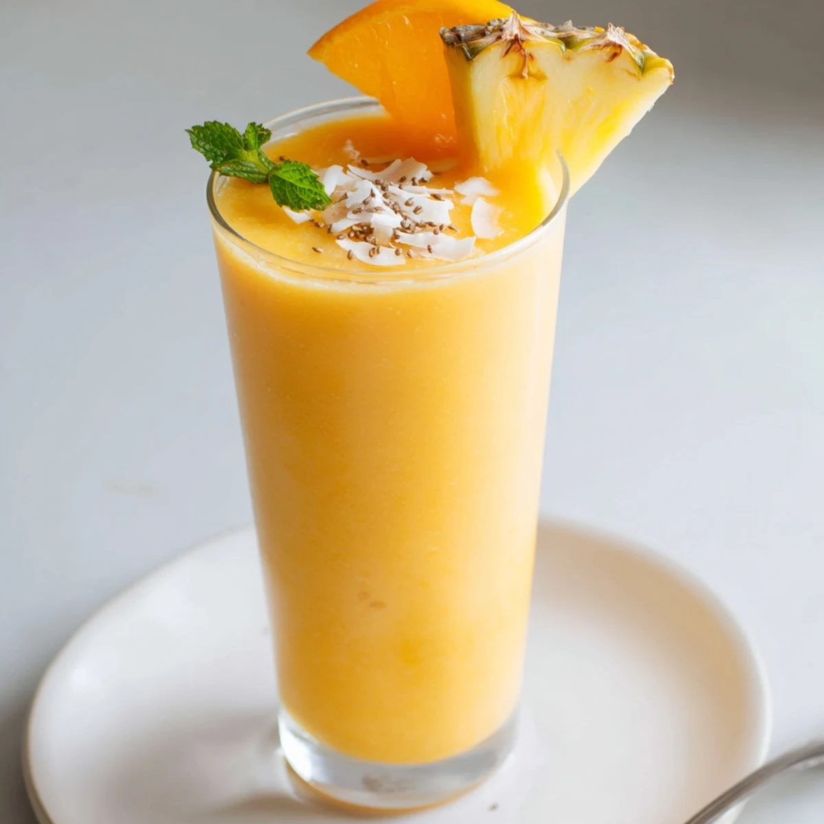 Tropical Pineapple Orange Smoothie poured over ice, zesty aroma and silky texture.