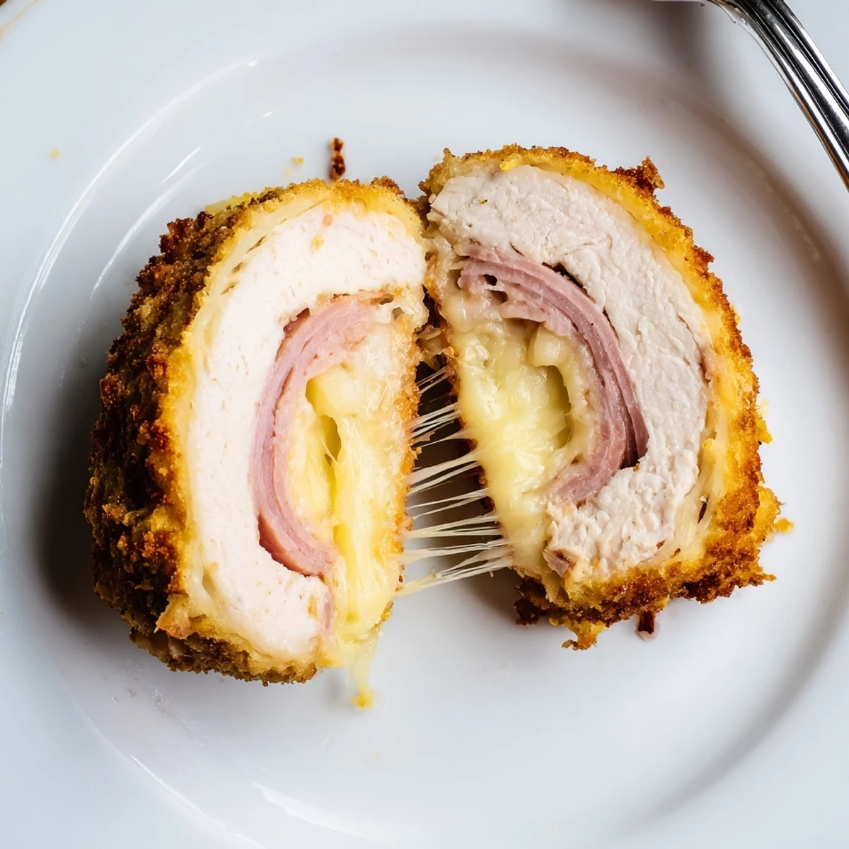 Golden Crispy Chicken Cordon Bleu Delight, sliced to reveal melted Swiss cheese