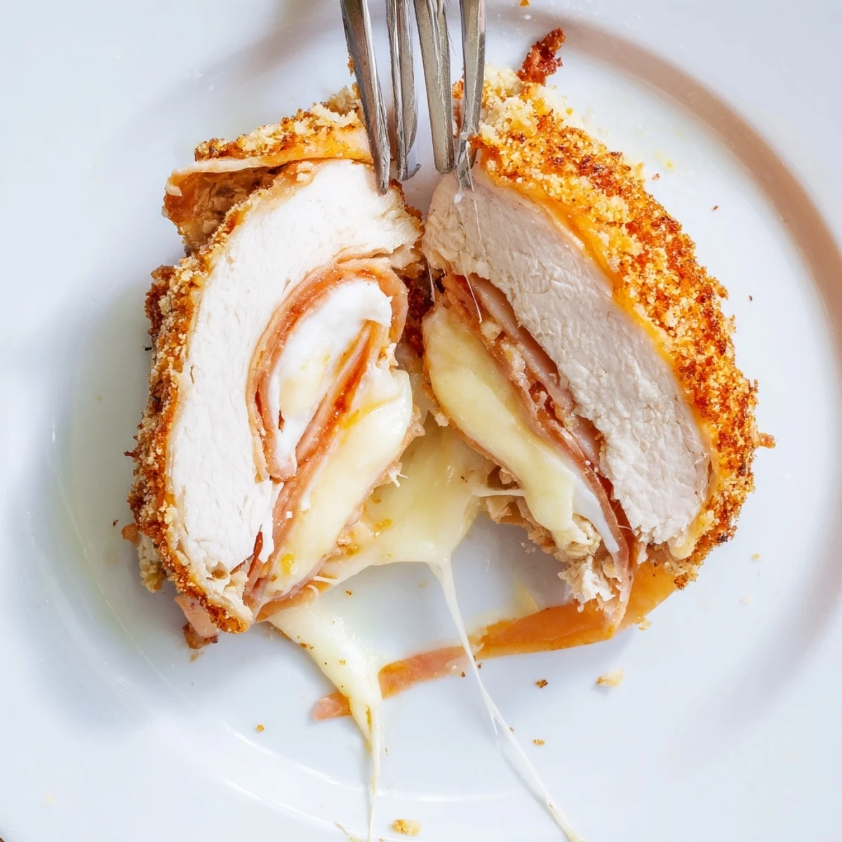 Crunchy panko crust on Golden Crispy Chicken Cordon Bleu Delight, steaming and aromatic