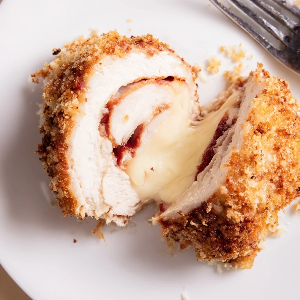 Pan-seared Golden Crispy Chicken Cordon Bleu Delight resting beside mashed potatoes