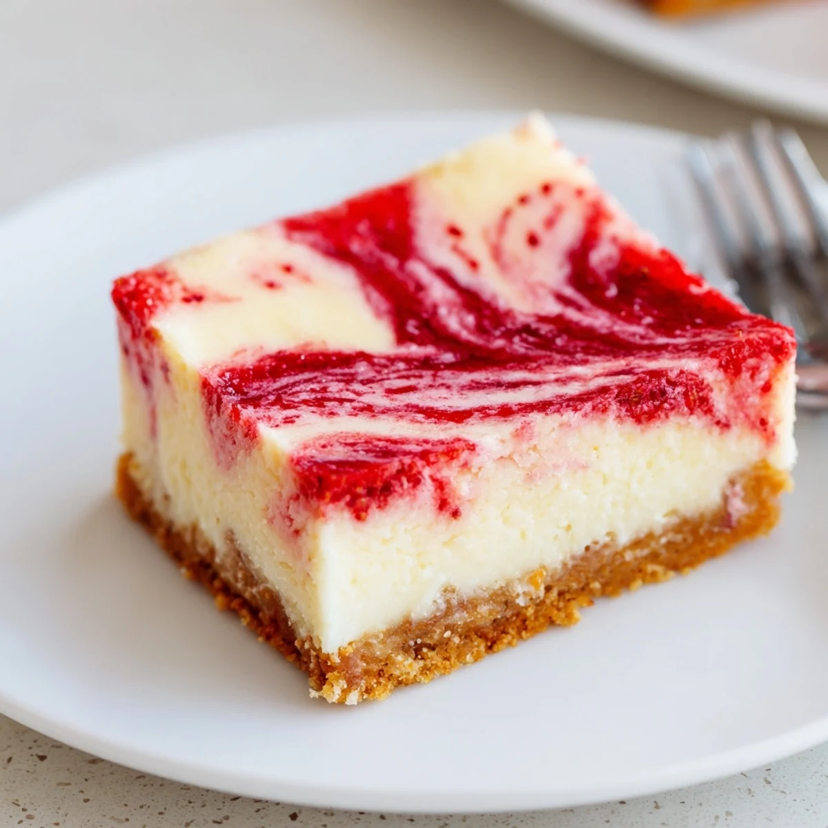 Irresistible Strawberry Swirl Cheesecake Bars with glossy red swirls and buttery crust