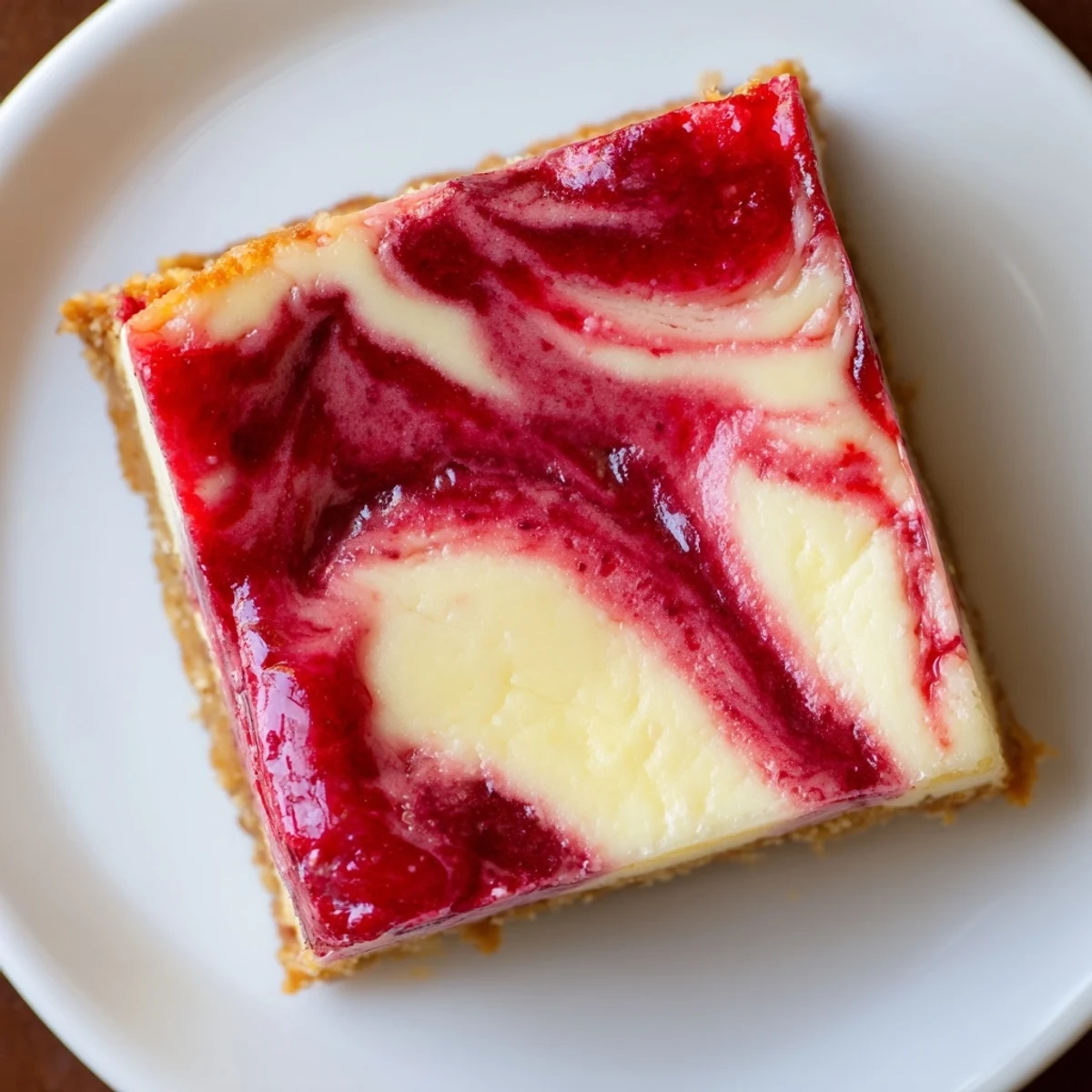 Serve Irresistible Strawberry Swirl Cheesecake Bars topped with whipped cream and berries