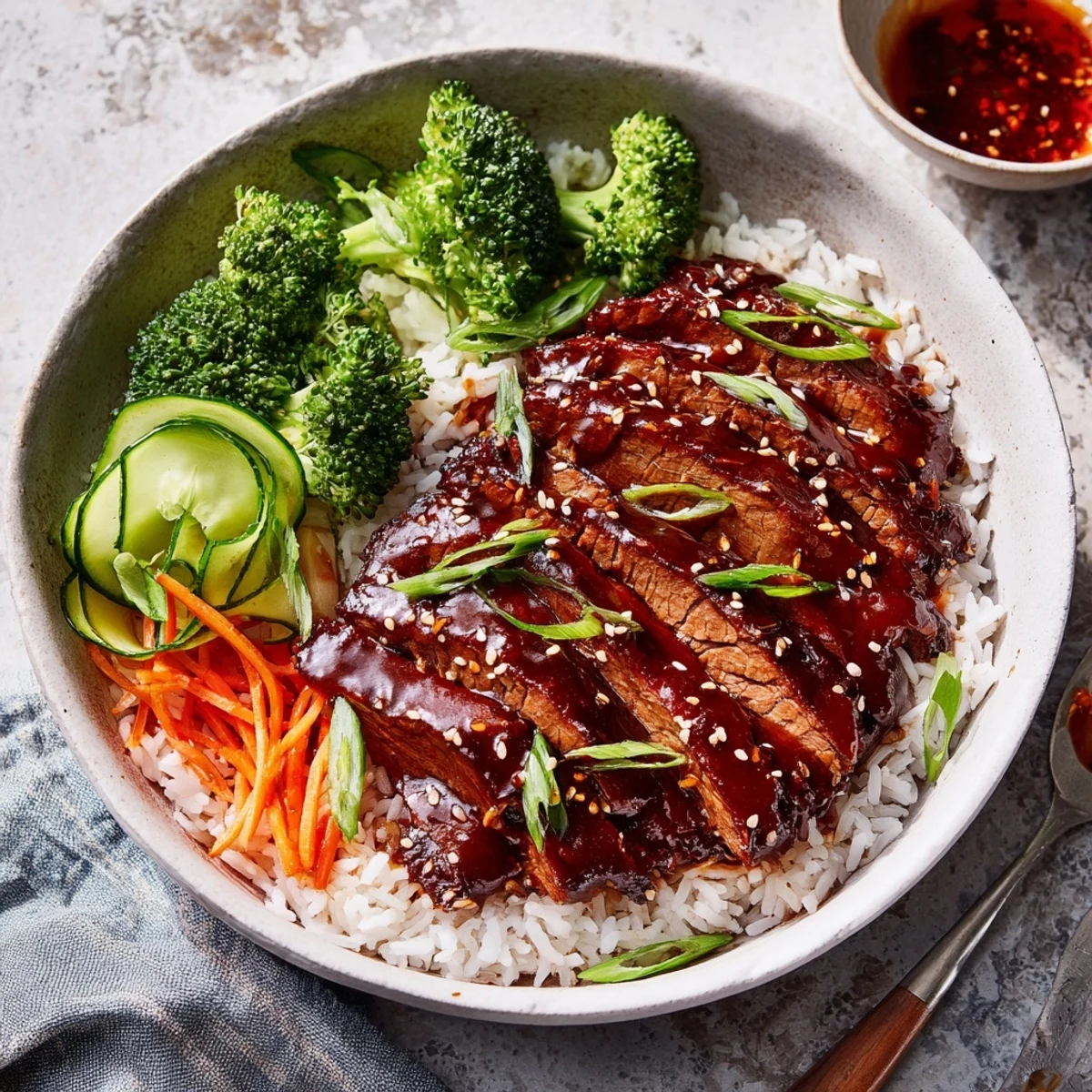 Savory Char Siu Beef Rice Bowl with glossy caramelized beef and steamed broccoli