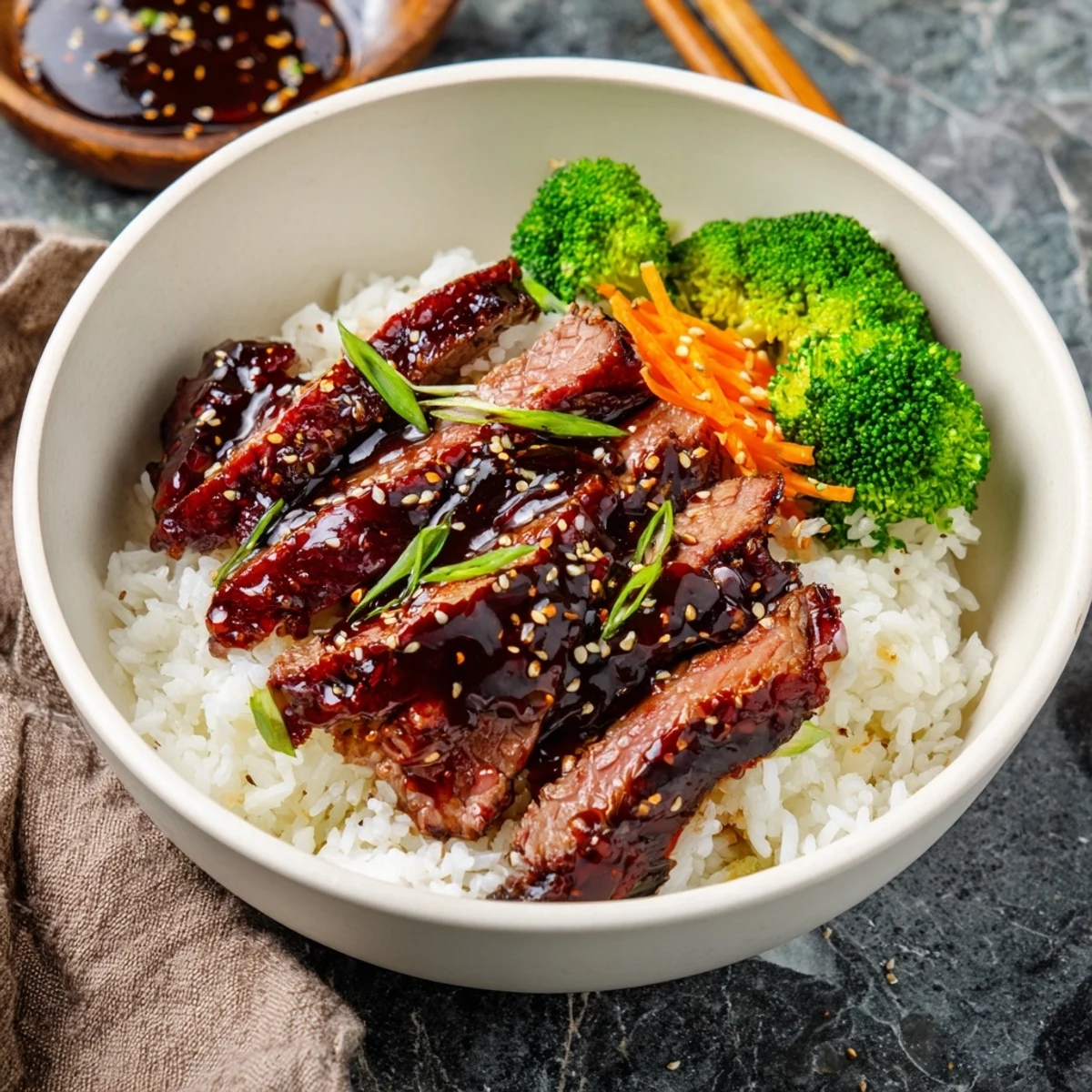 Savory Char Siu Beef Rice Bowl drizzled with chili oil, scallions, toasted sesame seeds