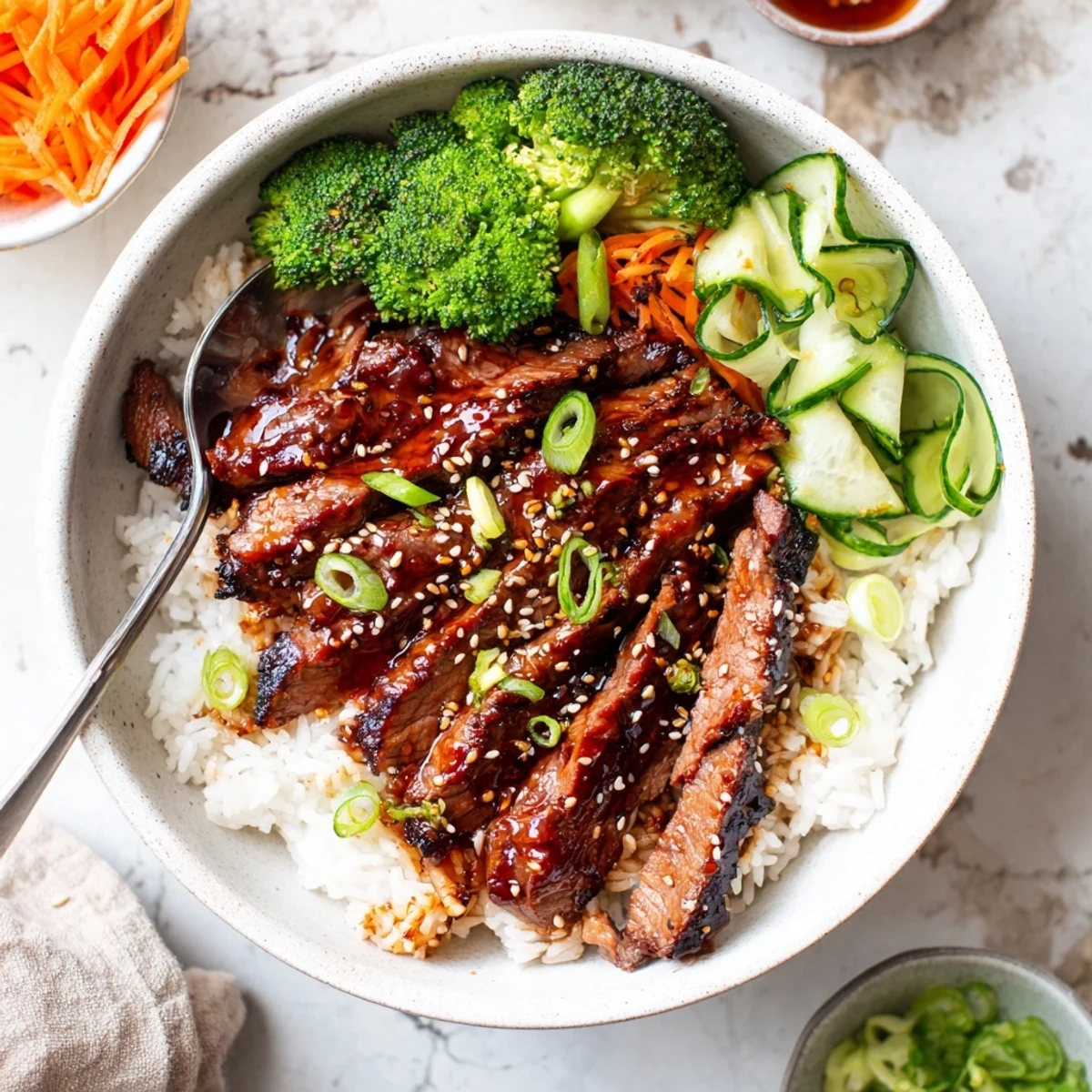 Savory Char Siu Beef Rice Bowl served over fragrant jasmine rice, shredded carrots