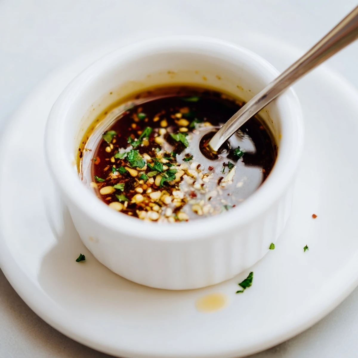Zesty Homemade Vinaigrette Dressing drizzled over greens, hint of garlic and herbs