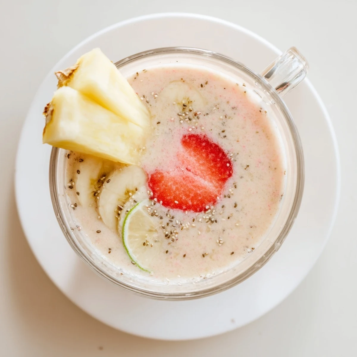 Thick Banana Strawberry Pineapple Smoothie in chilled glass, tropical aroma, strawberry garnish