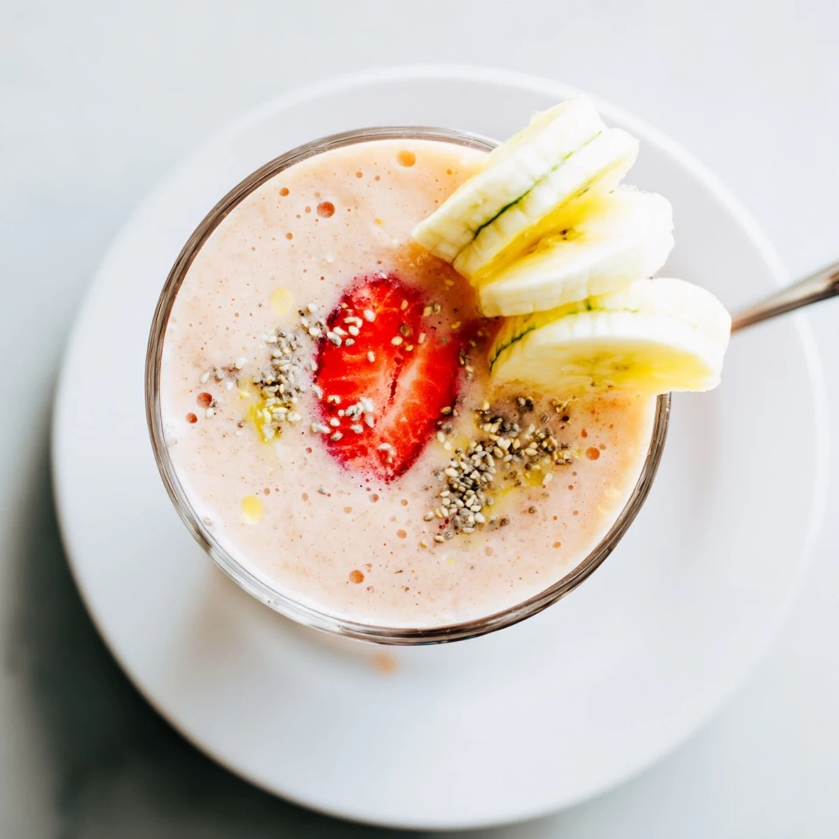 Morning Banana Strawberry Pineapple Smoothie with creamy almond milk, served with straw
