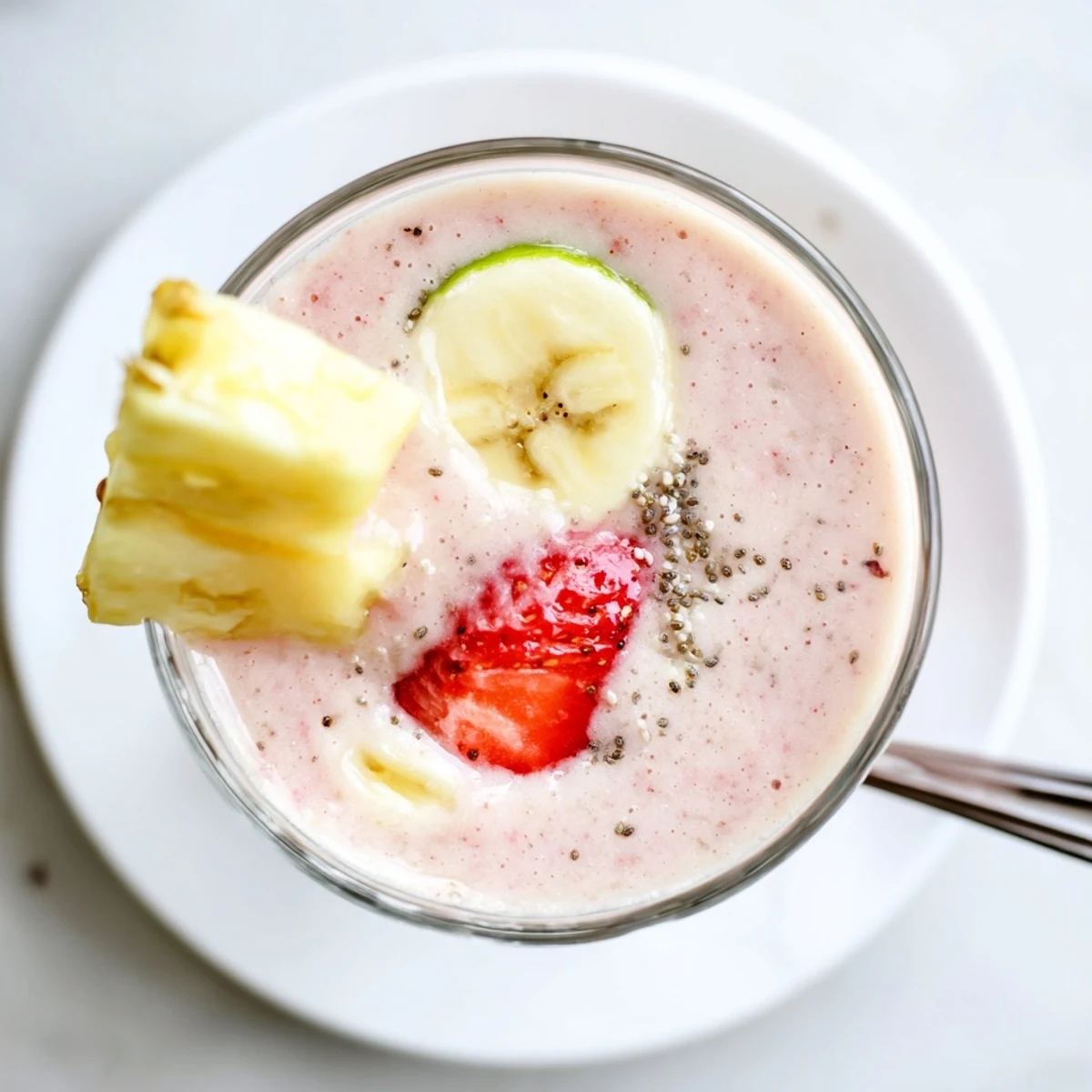 Vibrant Banana Strawberry Pineapple Smoothie poured into mason jar, zesty lime squeeze