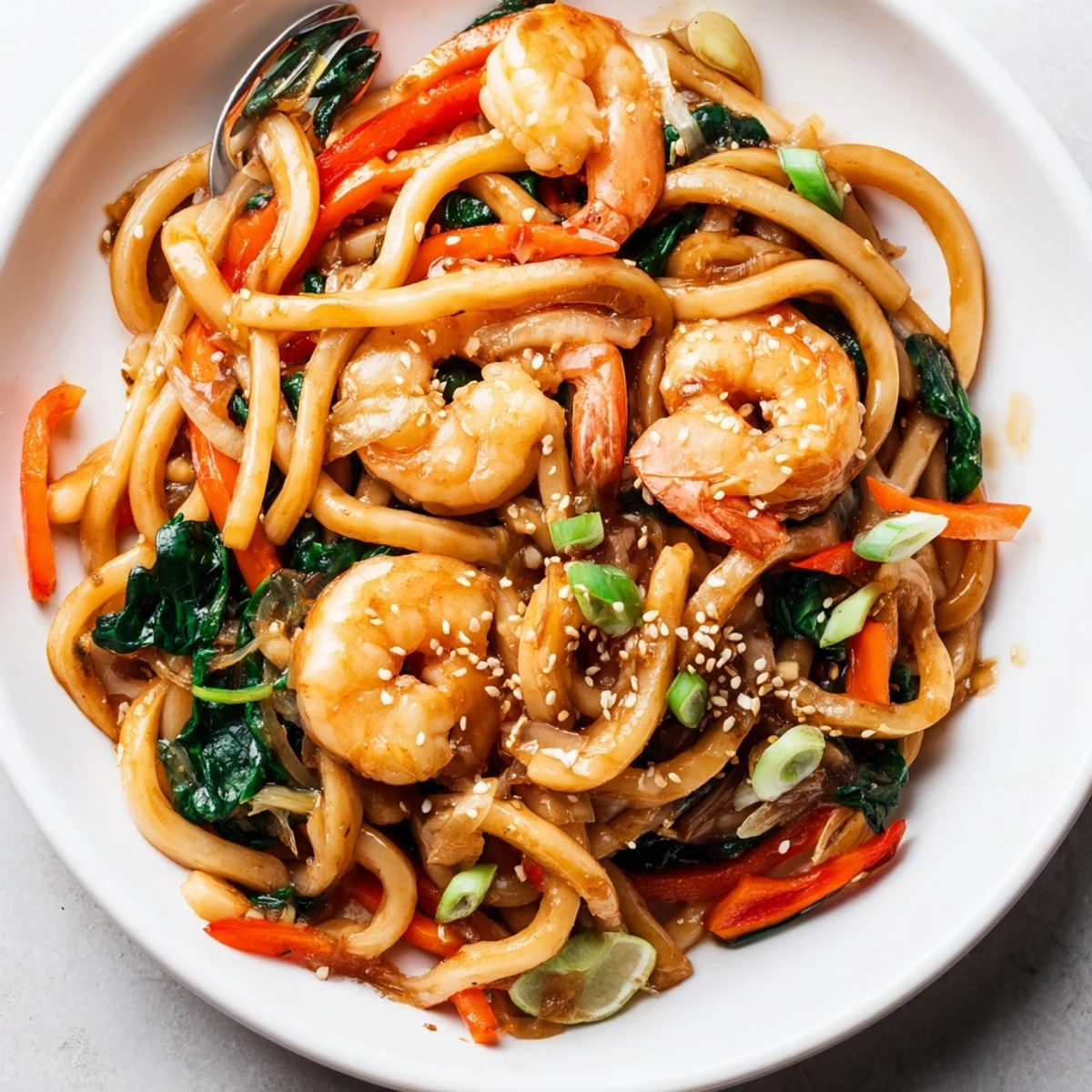 Savory Shrimp Yaki Udon Delight steaming in a wok, glossy noodles  