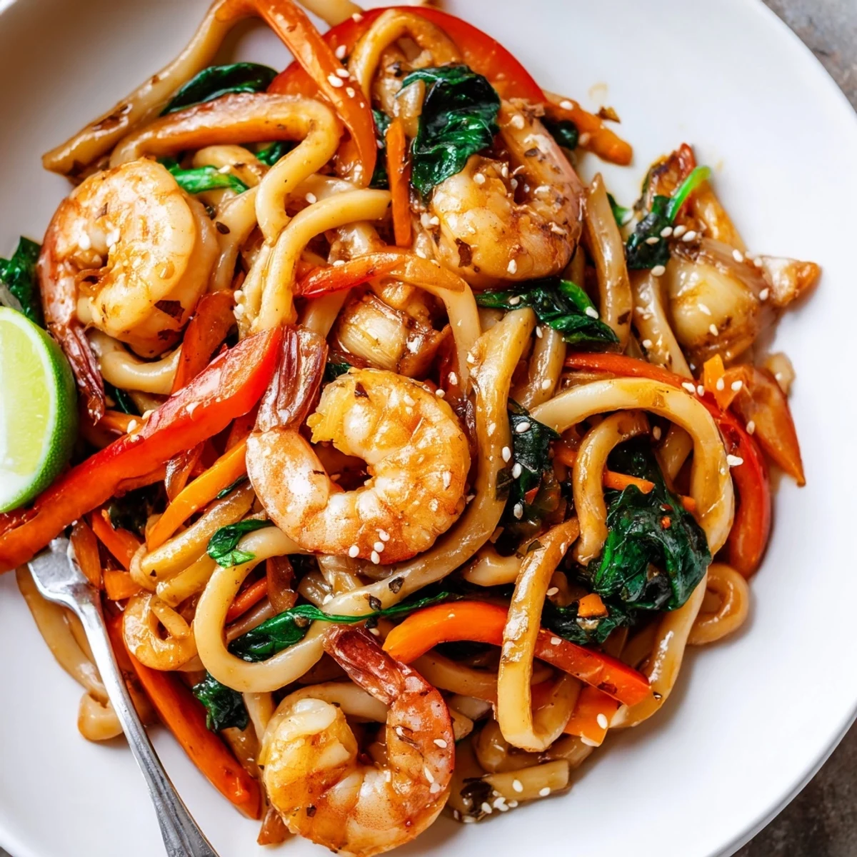 Plate of Savory Shrimp Yaki Udon Delight garnished with sesame and lime  