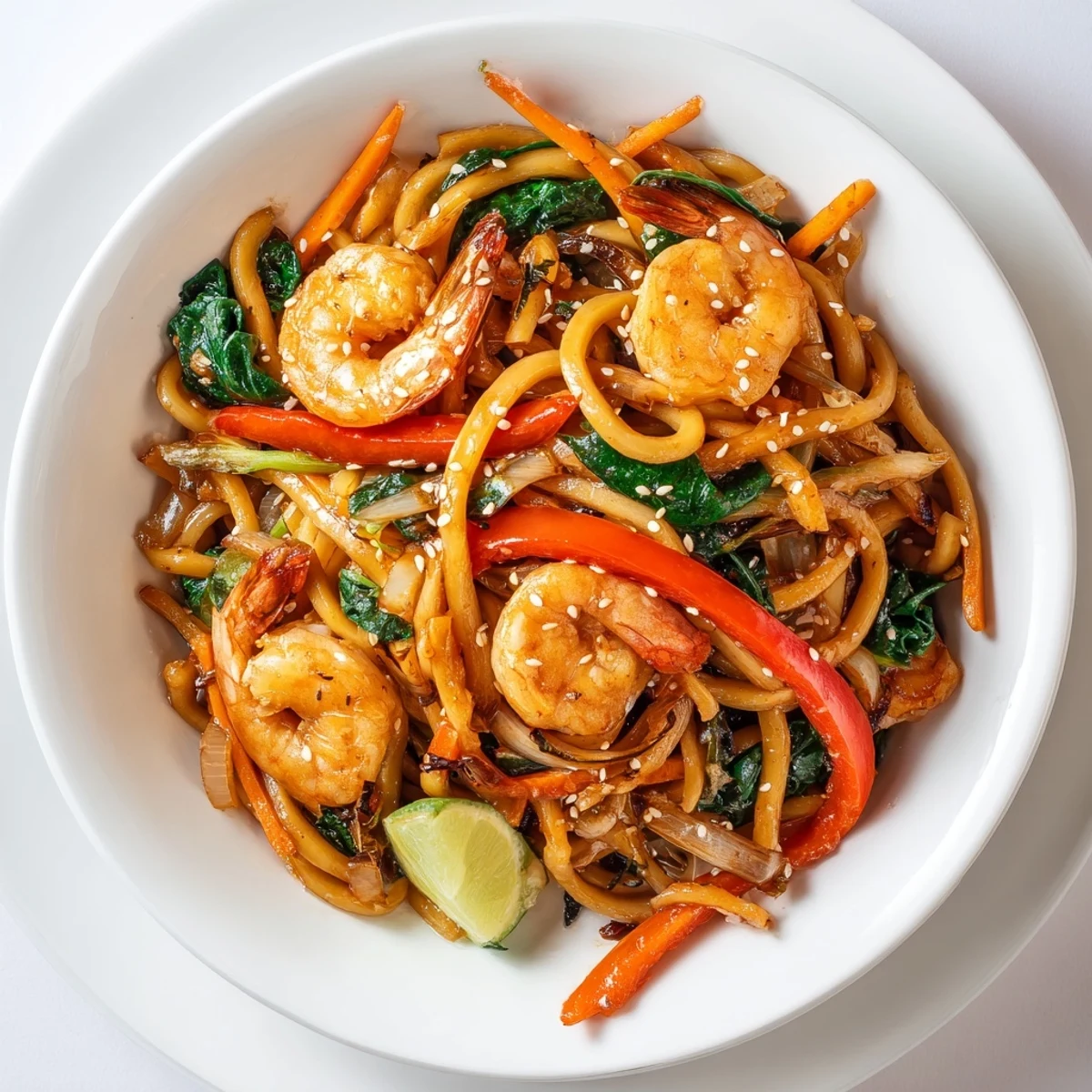 Colorful Savory Shrimp Yaki Udon Delight with succulent shrimp and crisp vegetables