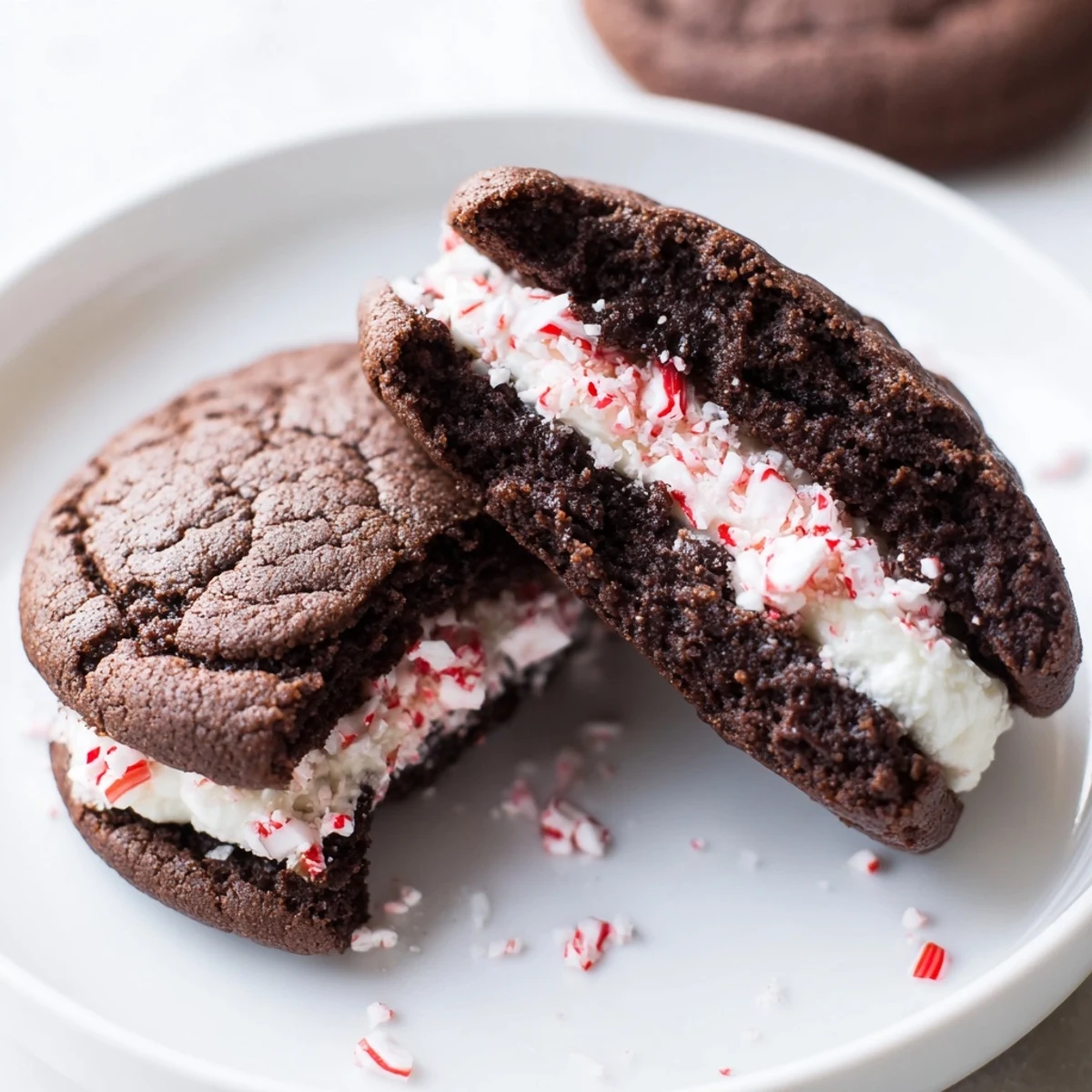 Chocolate Peppermint Sandwich Cookies on a festive plate, glossy peppermint cream  