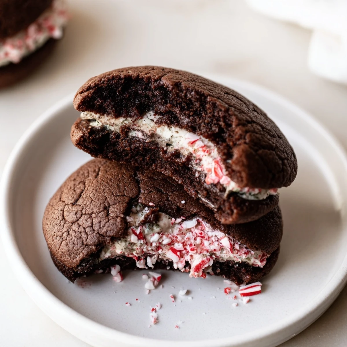 Chocolate Peppermint Sandwich Cookies stacked, dark chocolate shells and cool mint filling