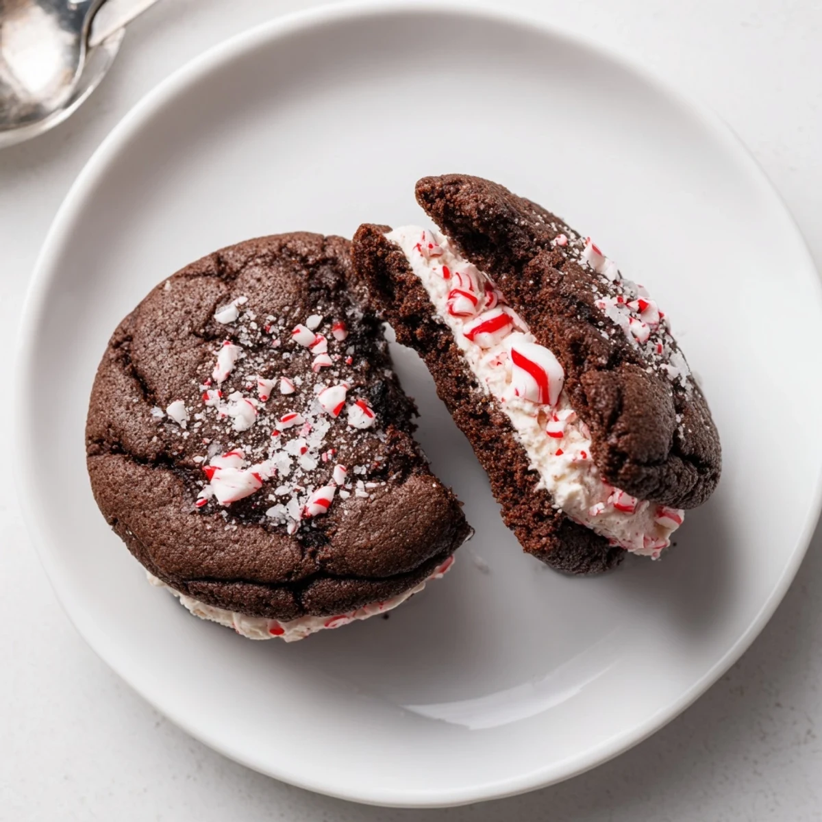 Freshly baked Chocolate Peppermint Sandwich Cookies with crushed candy cane edges  