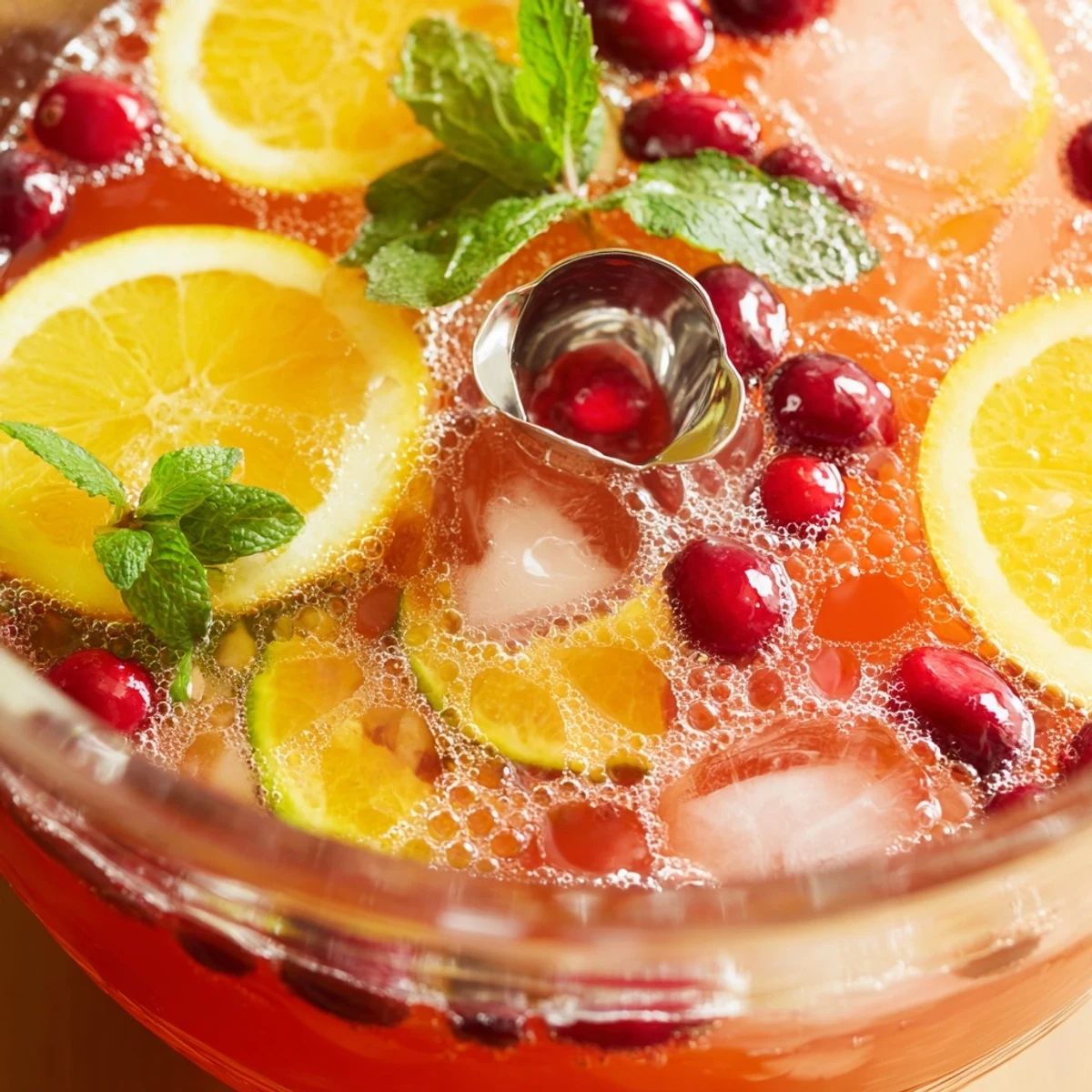 Bright, sparkling Christmas Punch with floating cranberries, orange slices, mint aroma
