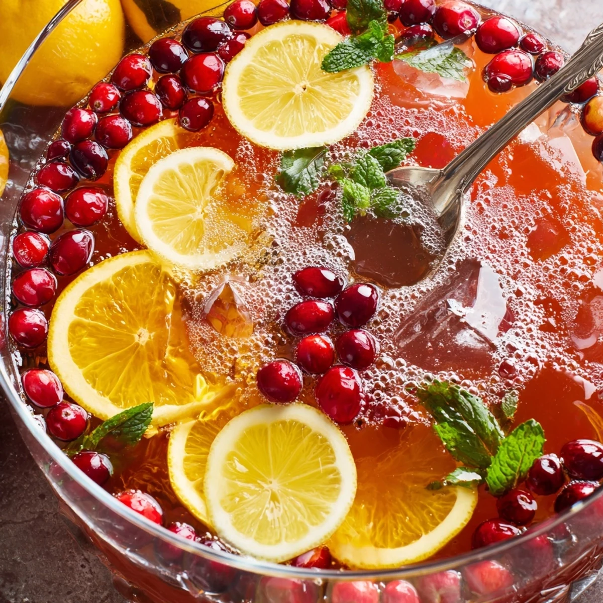 Large punch bowl of Christmas Punch with fizzy ginger ale, citrus slices