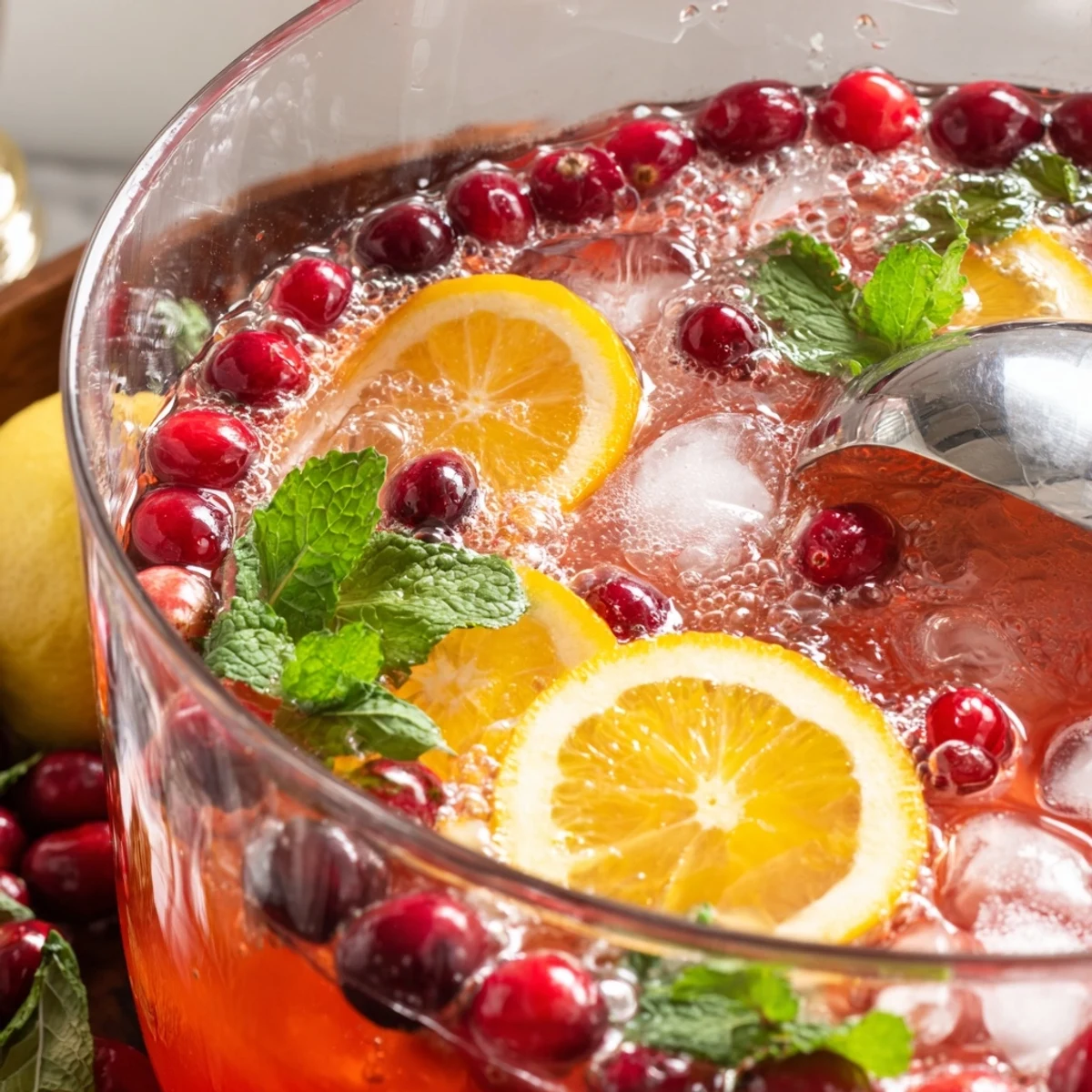 Ladled Christmas Punch poured into glasses, cold ice cubes and festive garnish