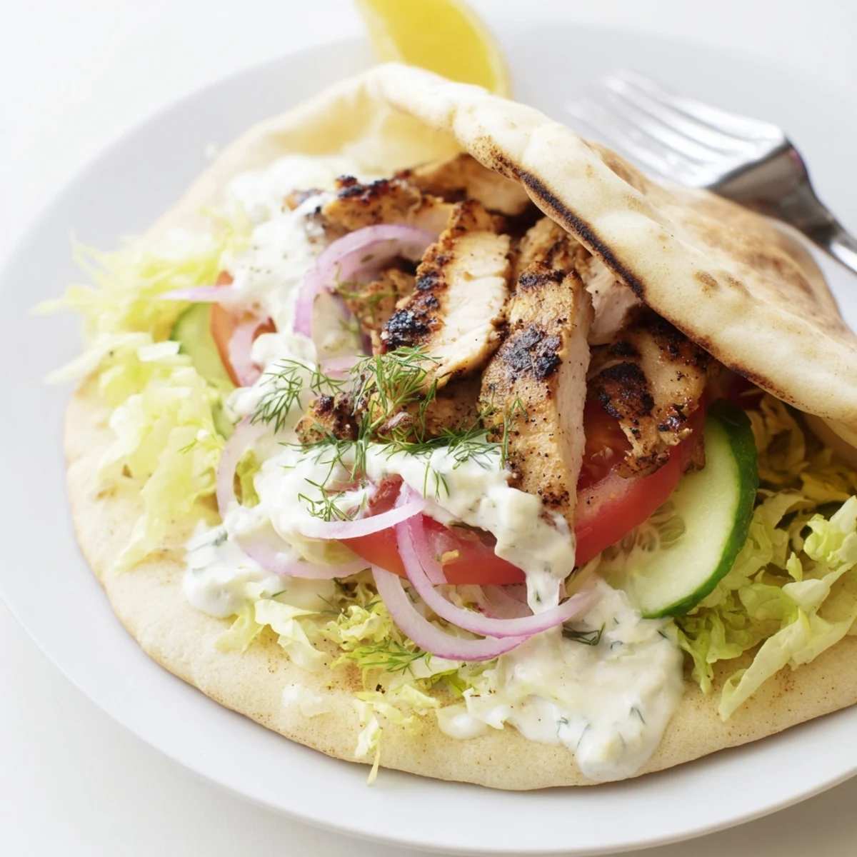 Savory Grilled Chicken Gyros With Creamy Garlic Sauce wrapped in warm pita.