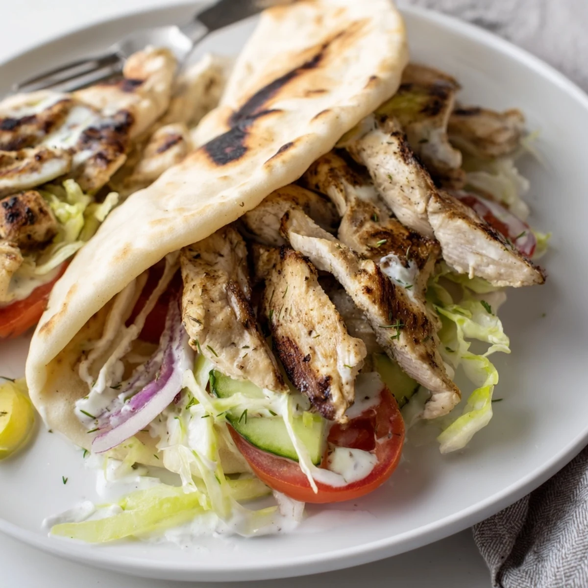 Savory Grilled Chicken Gyros With Creamy Garlic Sauce, charred chicken, crisp veggies.