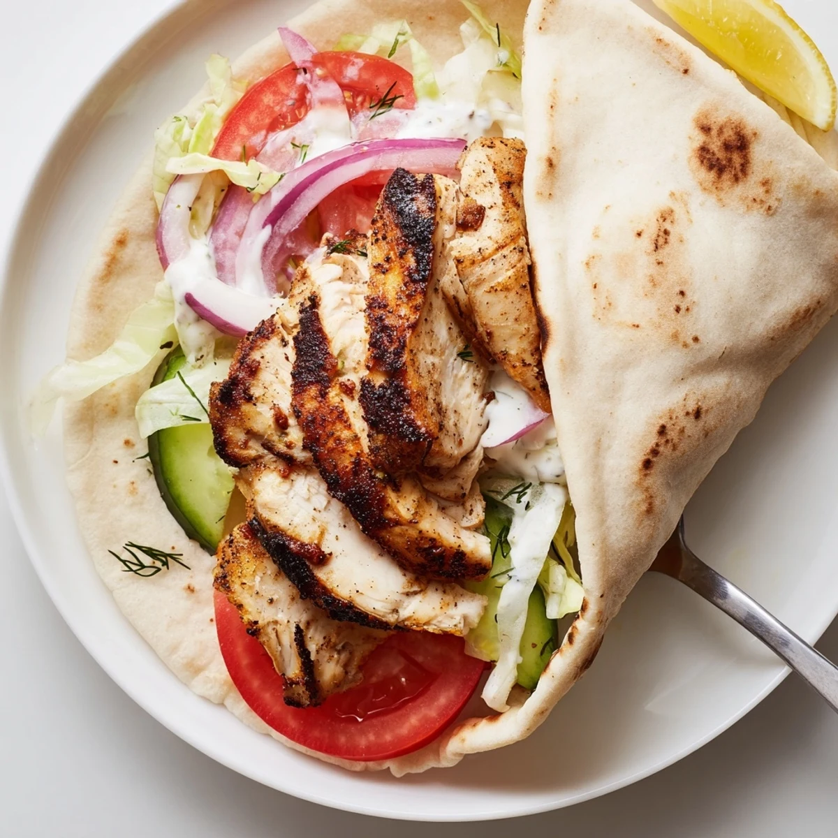 Savory Grilled Chicken Gyros With Creamy Garlic Sauce served hot, lemon-scented.