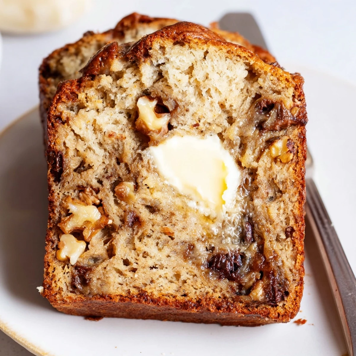 Moist Banana Bread studded with walnuts and chocolate chips, sliced for snacking