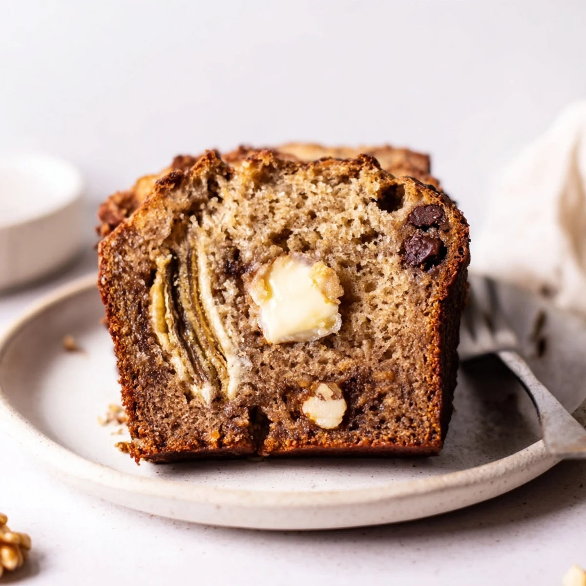 Warm Banana Bread loaf, golden crust and steam rising, cooling on rack