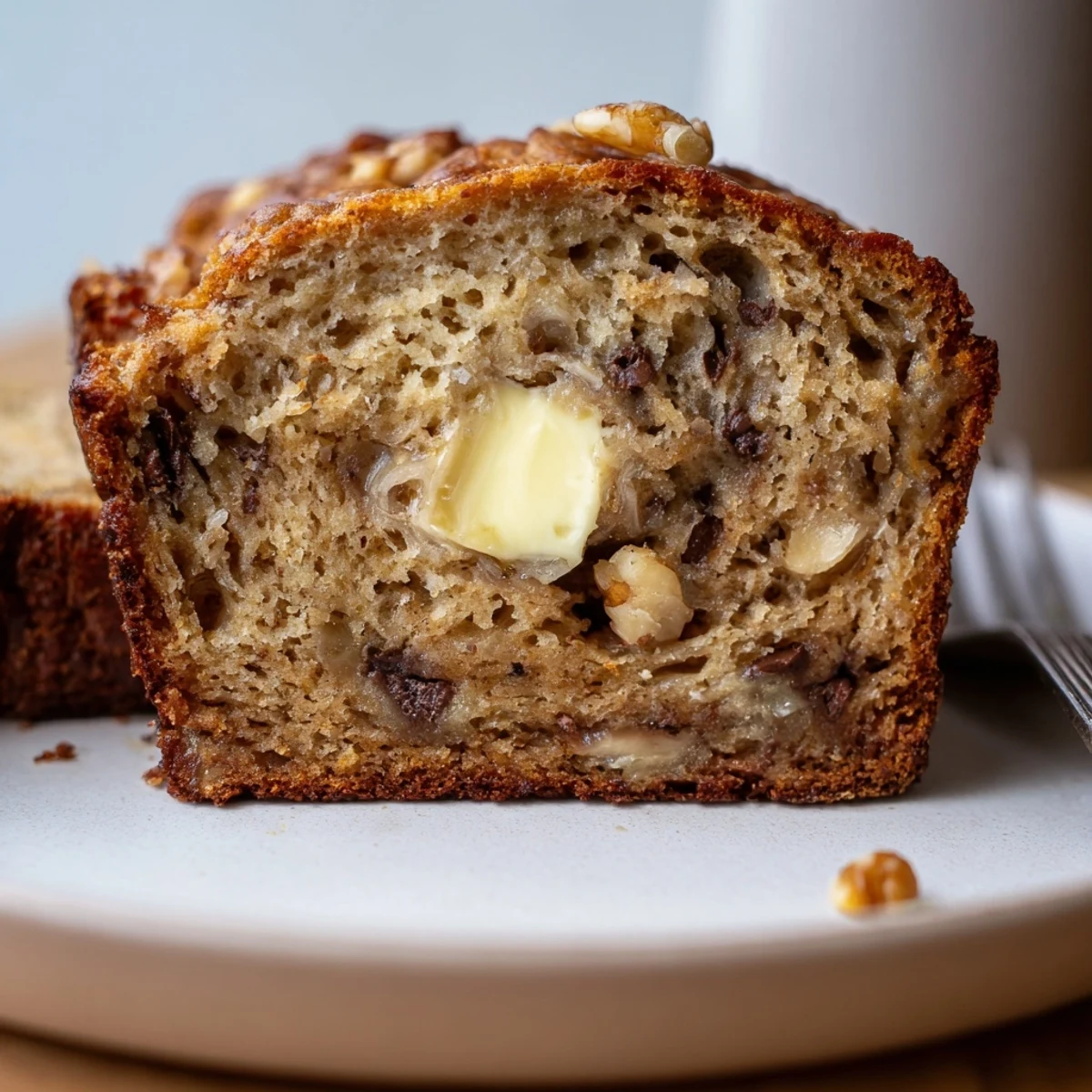 Sliced Banana Bread showing moist crumb, pat of butter melting on top