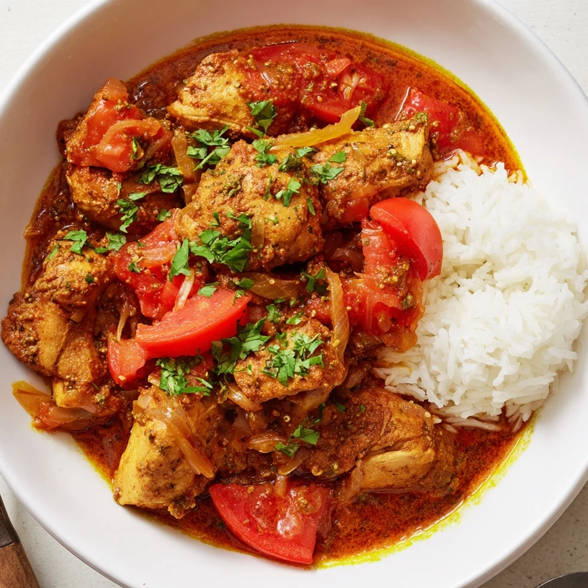 Spoon-ready Heavenly Homemade Indian Chicken Curry with rich tomato gravy, tender chicken
