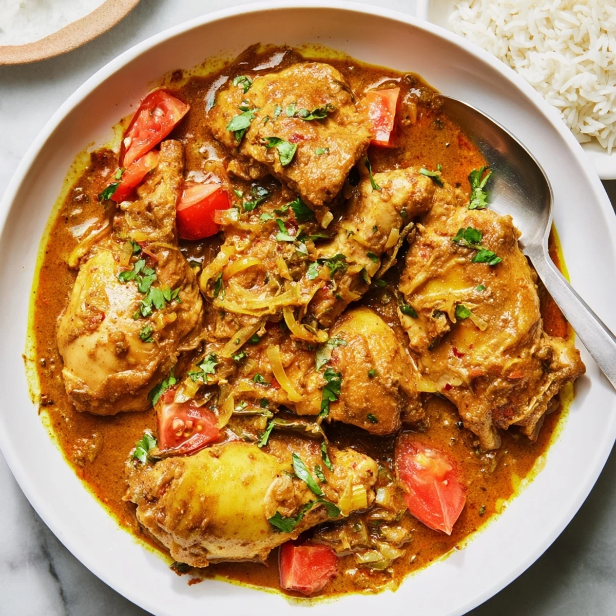 Steaming bowl of Heavenly Homemade Indian Chicken Curry, fragrant spices and cilantro