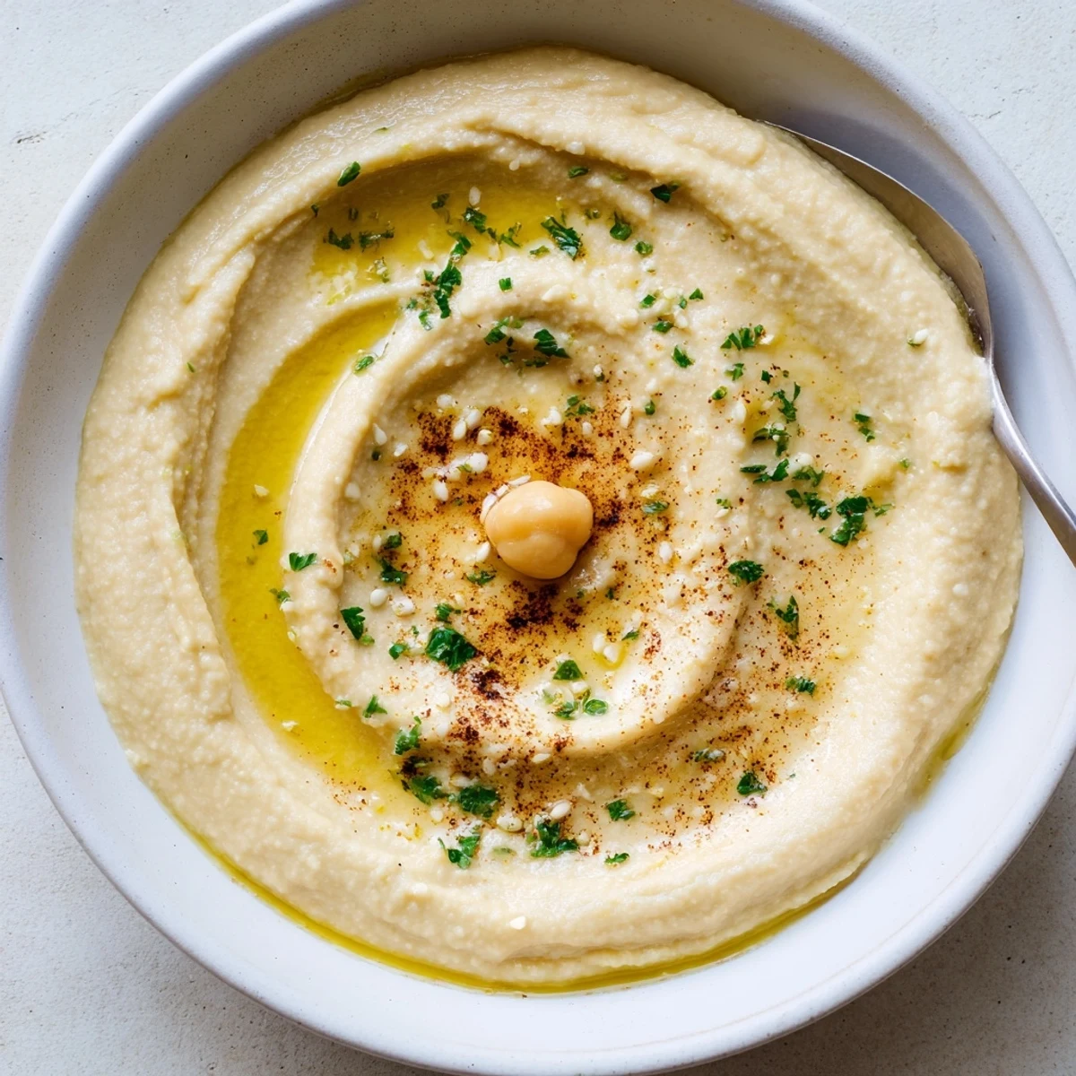 Smooth Hummus drizzled with olive oil, sprinkled paprika, served with warm pita