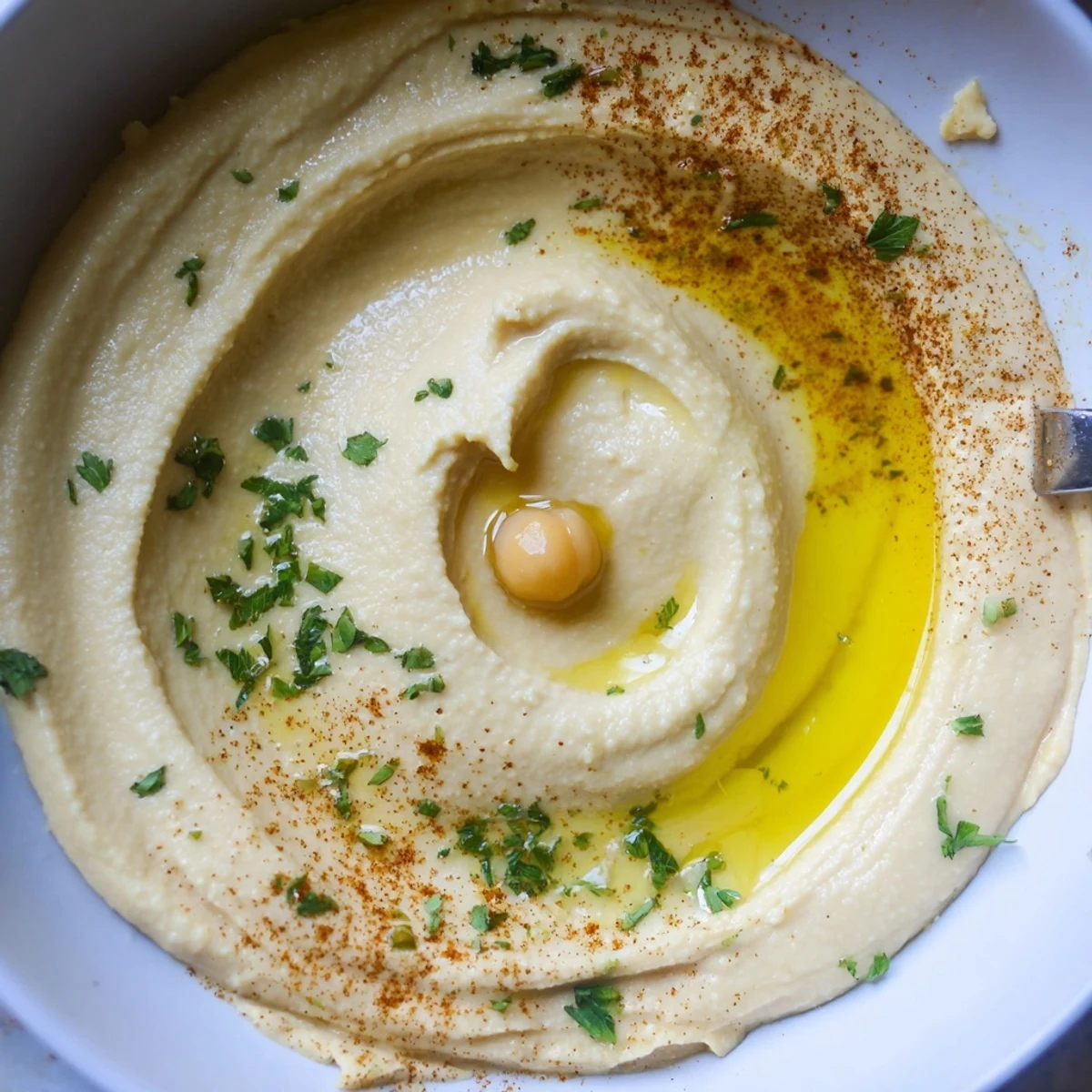 Creamy Smooth Hummus swirled in bowl, topped parsley, ideal for veggie dipping