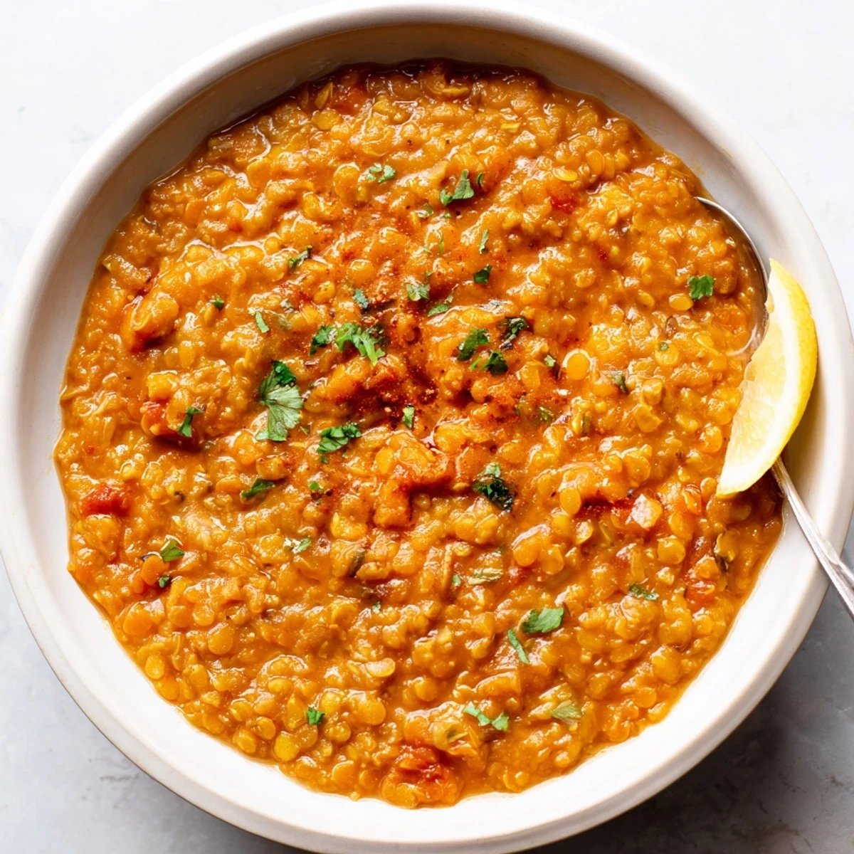 Creamy One Pot Lentil Dal steaming in a bowl, garnished with cilantro