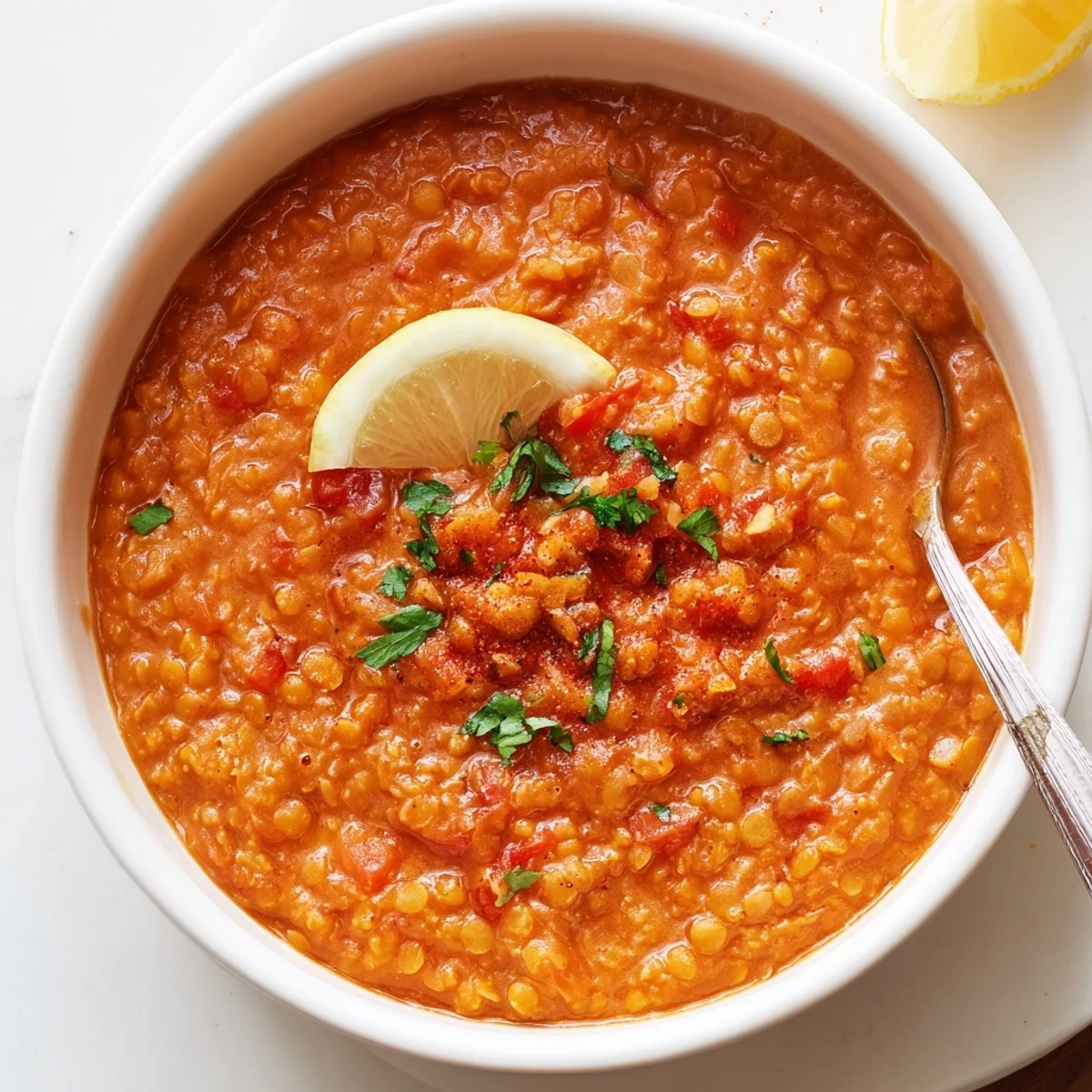 Weeknight One Pot Lentil Dal simmering in Dutch oven, lemon wedge nearby