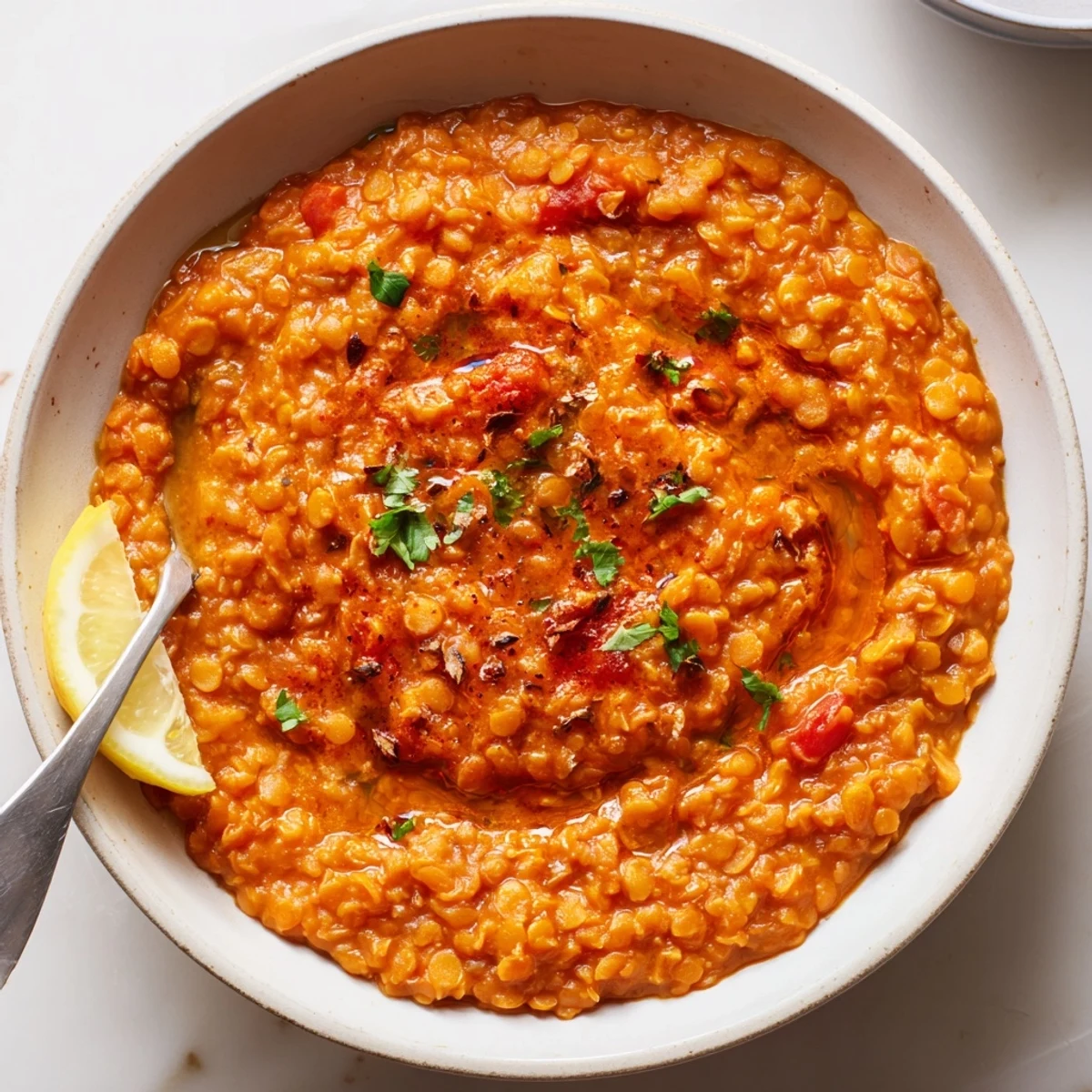 Spiced, fragrant One Pot Lentil Dal served with fluffy rice and naan
