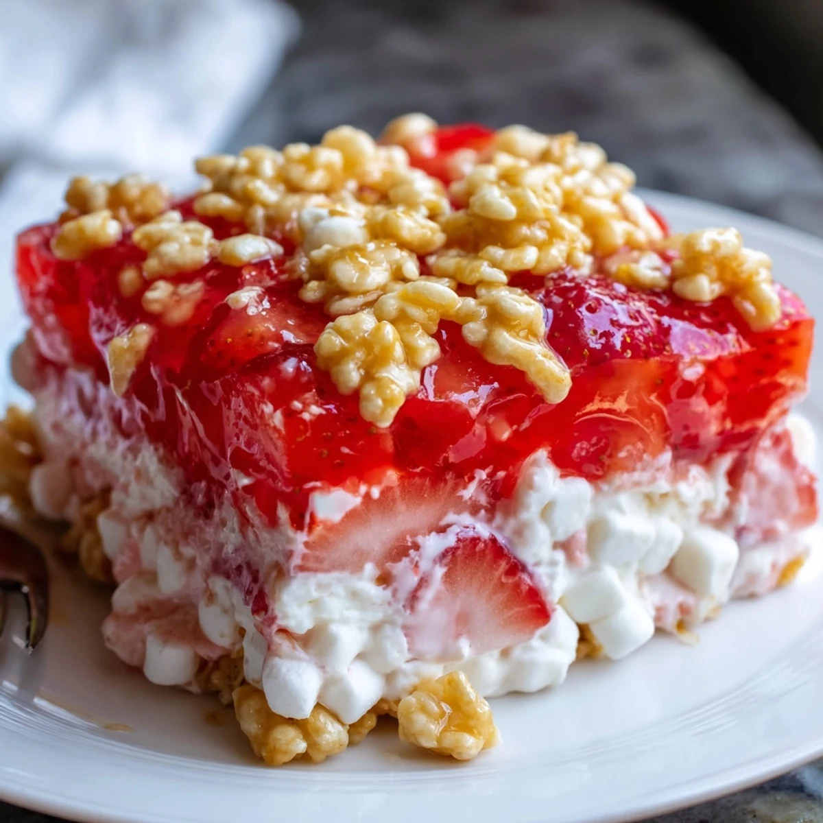 Chilled Strawberry Crackle Salad served in a casserole dish, sweet, textured
