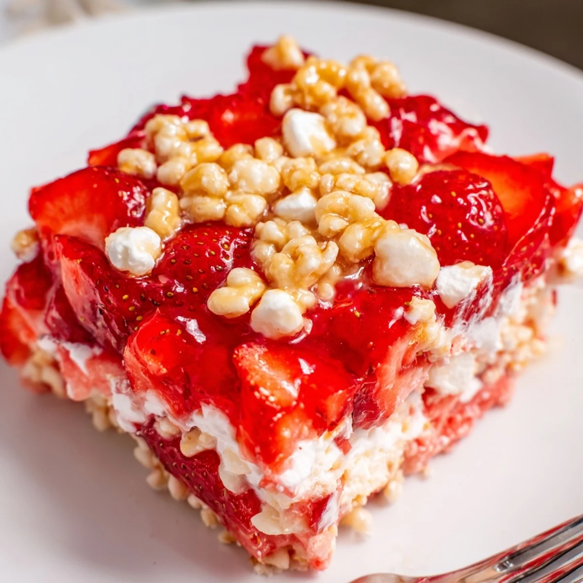 Strawberry Crackle Salad with glossy berries, creamy layer, crunchy caramelized topping