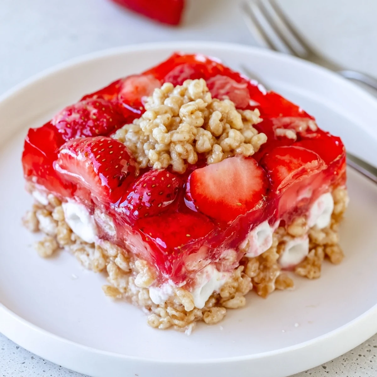 Potluck ready Strawberry Crackle Salad topped with candied cereal crackle, marshmallows