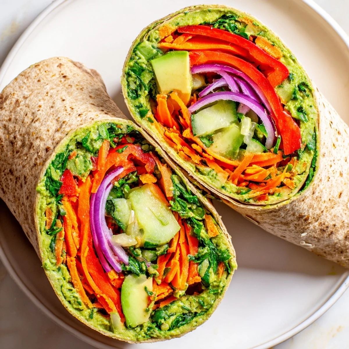 Mediterranean spinach hummus lunch wraps sliced open showing creamy filling and crisp vegetable layers