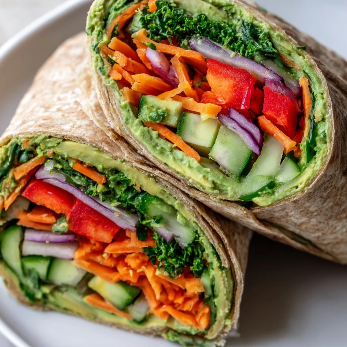 Whole wheat tortilla rolled with vibrant green spinach hummus and colorful fresh vegetables