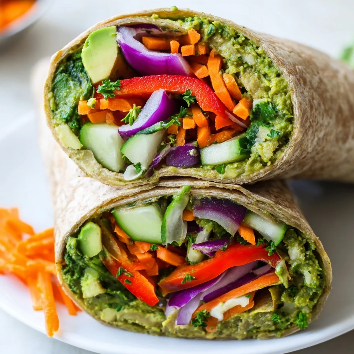 Quick healthy spinach hummus wraps with carrots peppers avocado and fresh herbs on whole wheat