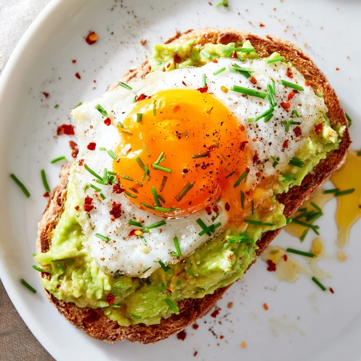 Slices of toasted sourdough layered with smashed avocado and sunny side up eggs