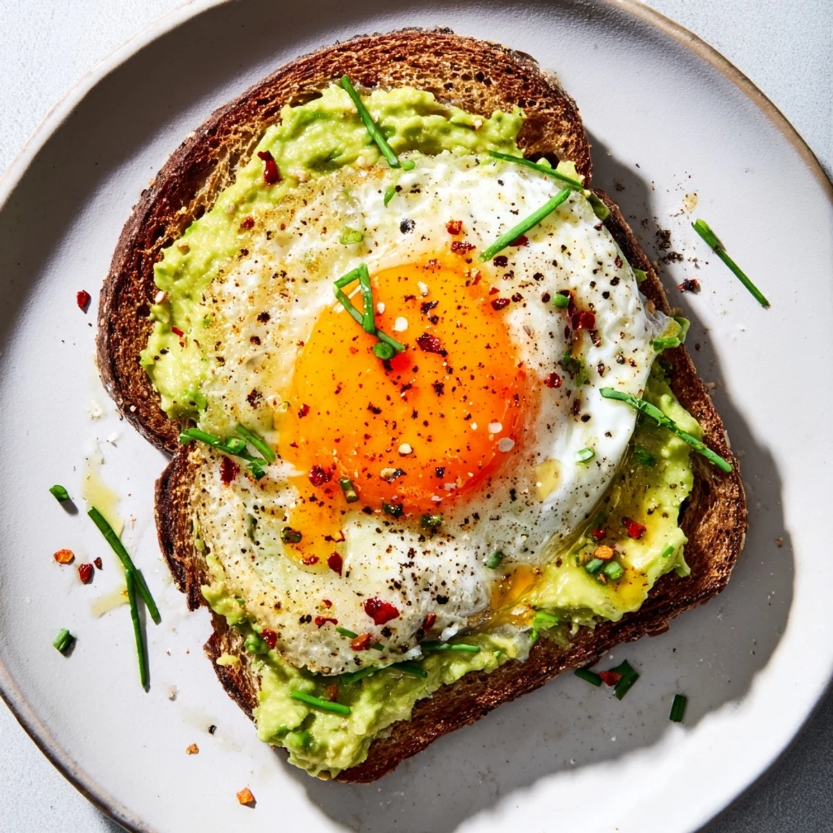 Simple avocado toast with egg featuring runny yolk and fresh herb garnish