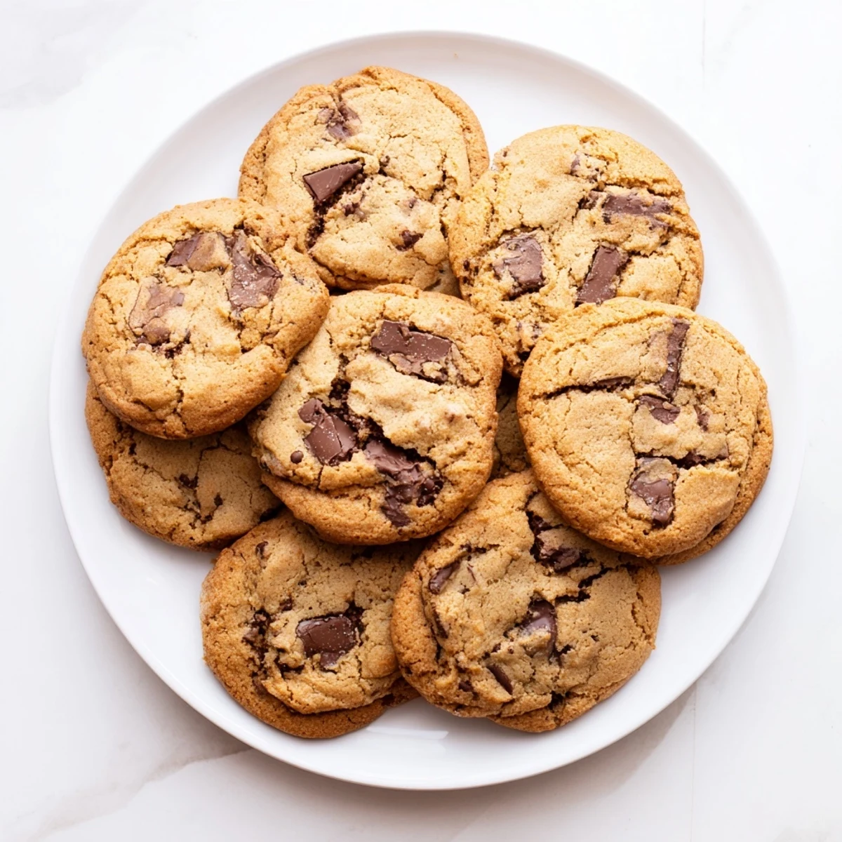 Golden chewy chocolate chip cookies fresh from the oven with melted chocolate pools