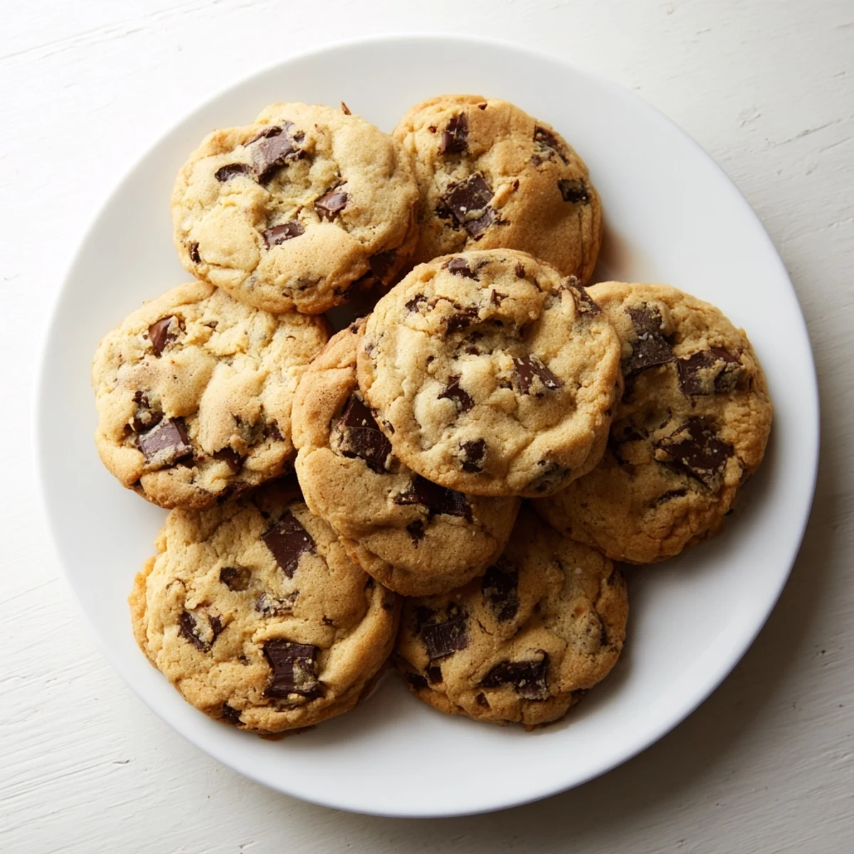 Warm chewy chocolate chip cookies stacked on a wire rack with gooey centers