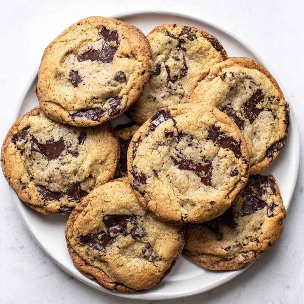 Chewy chocolate chip cookies with crisp golden edges and soft centers on a white plate