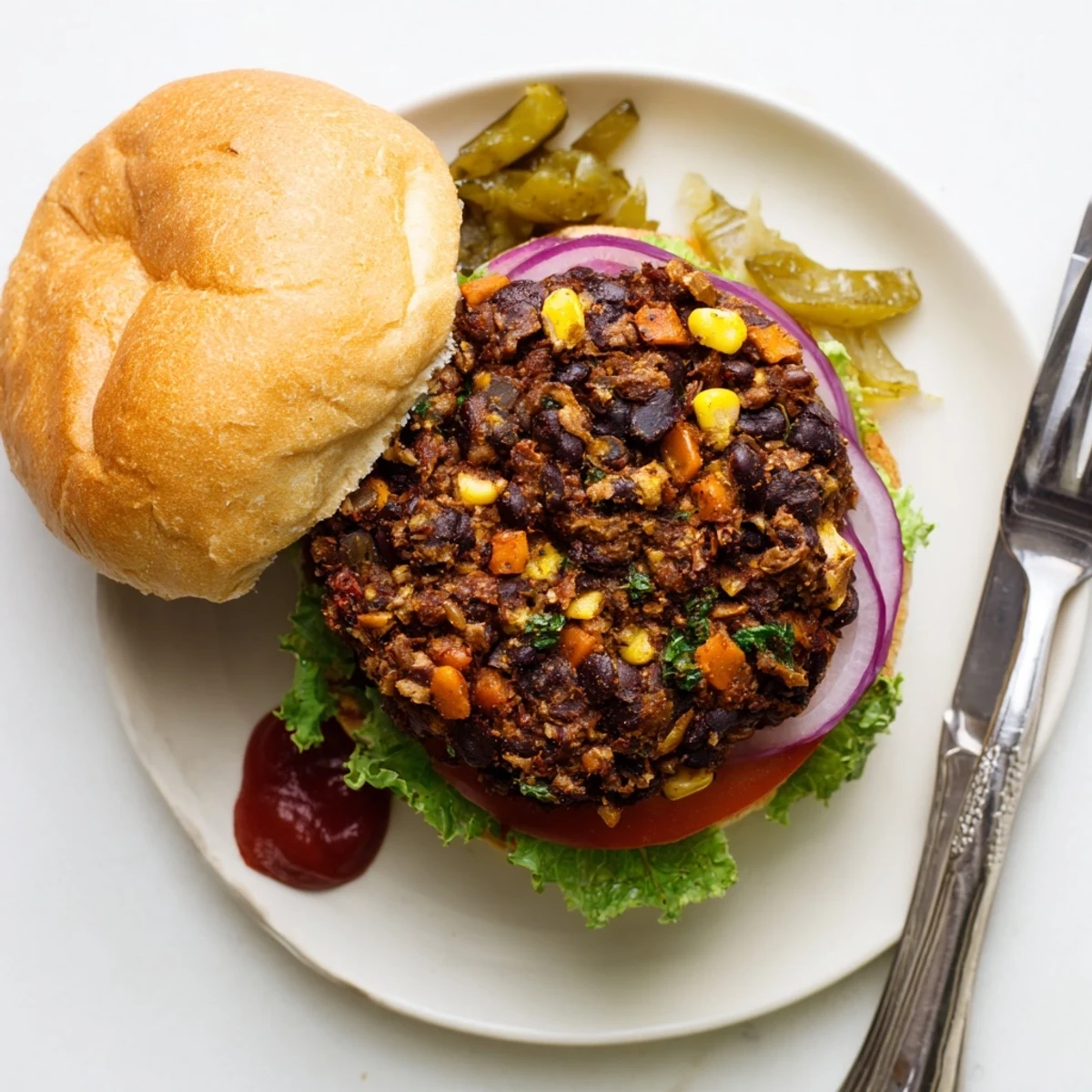 Hearty vegetable and black bean veggie burgers recipe sizzling in a skillet with visible corn and carrots